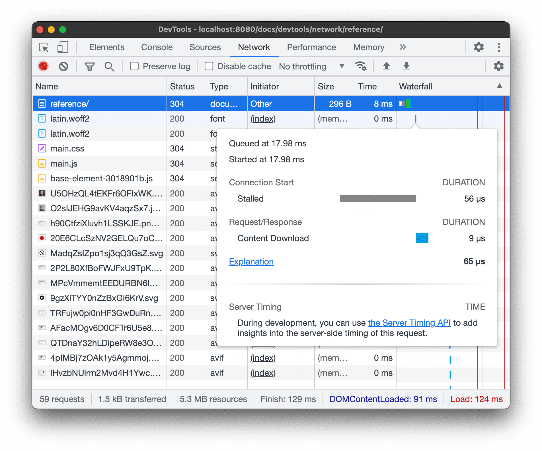 リクエストのタイミングの内訳のプレビュー。