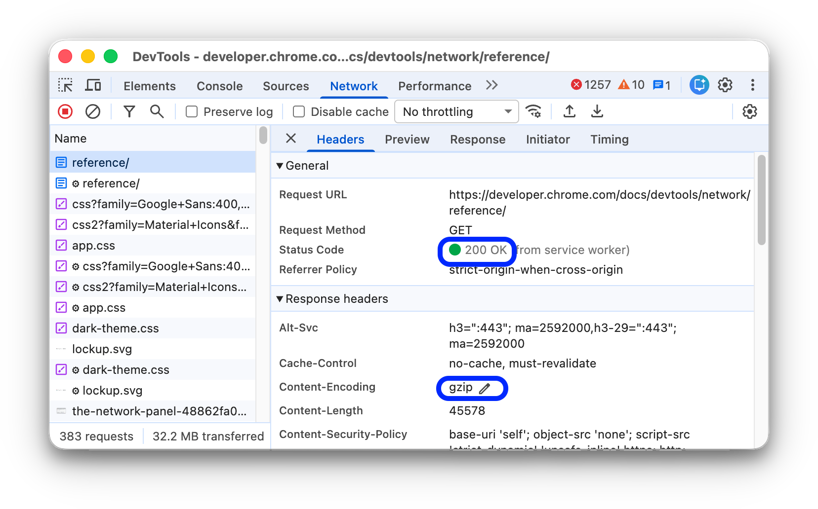 The Headers tab of a request selected from the Requests table.