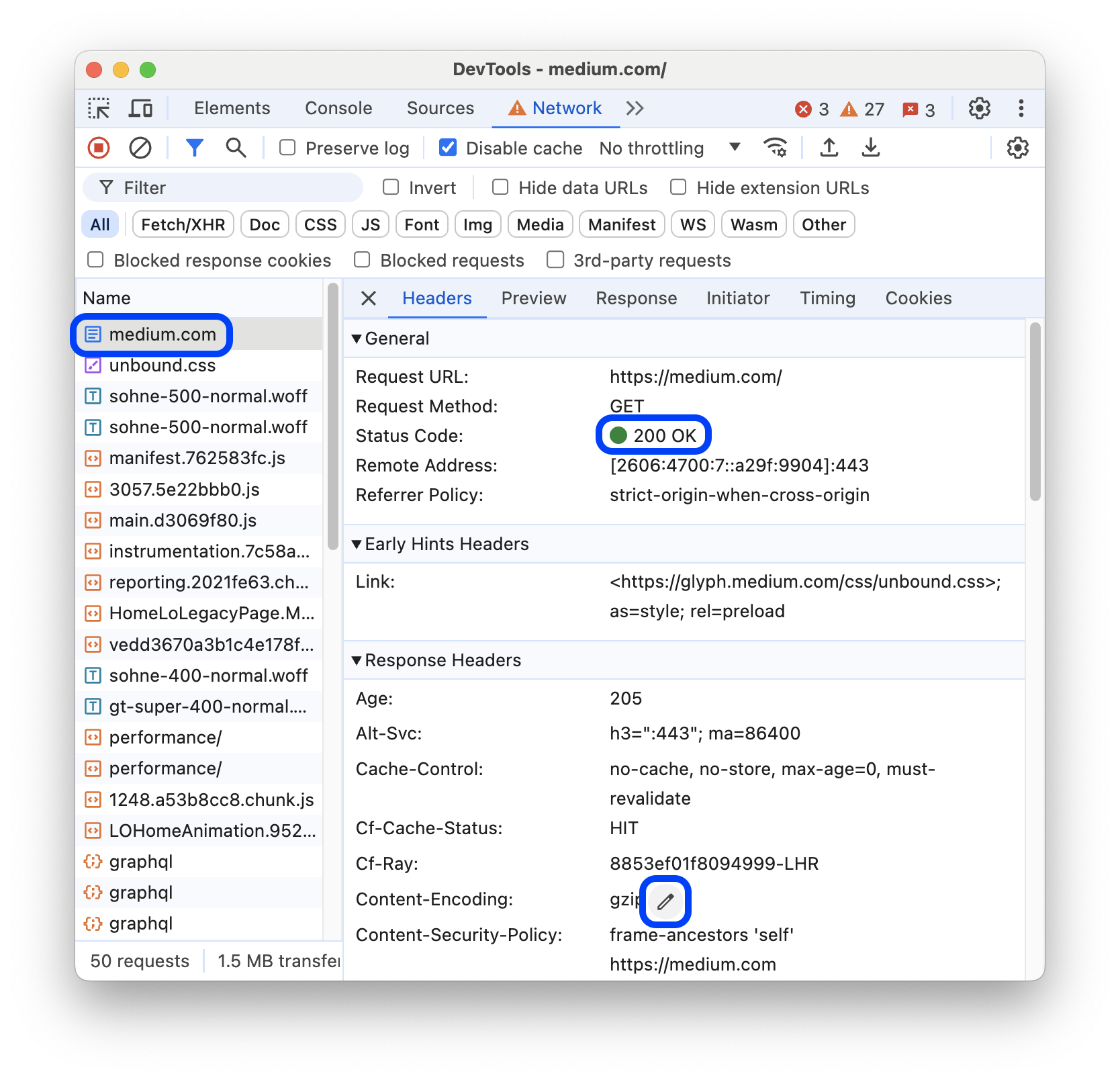 تب Headers مربوط به درخواستی که از جدول Requests انتخاب شده است.