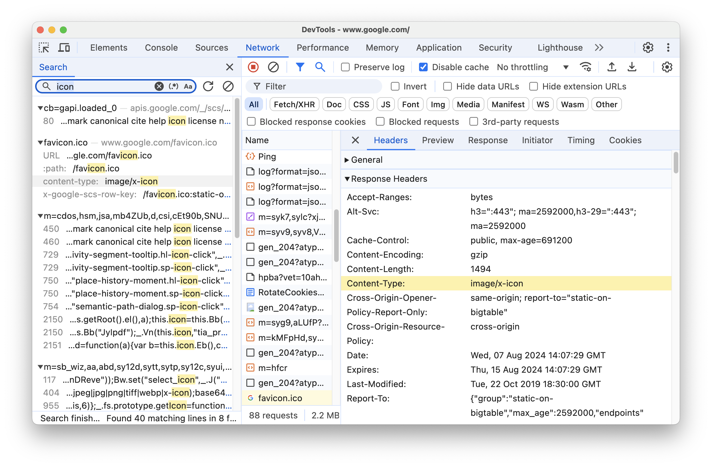 A guia "Pesquisa" à direita no painel "Rede".
