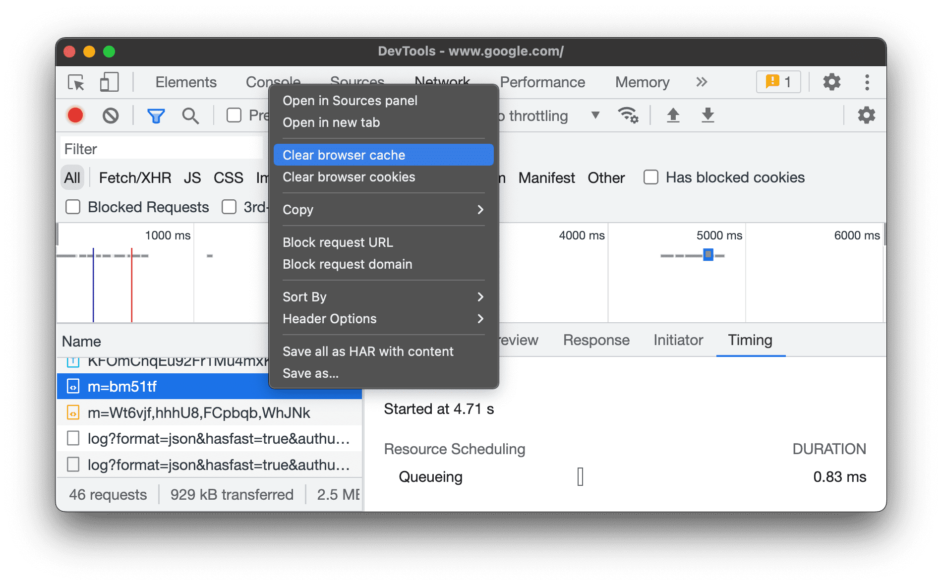 Selezionando Svuota cache del browser.