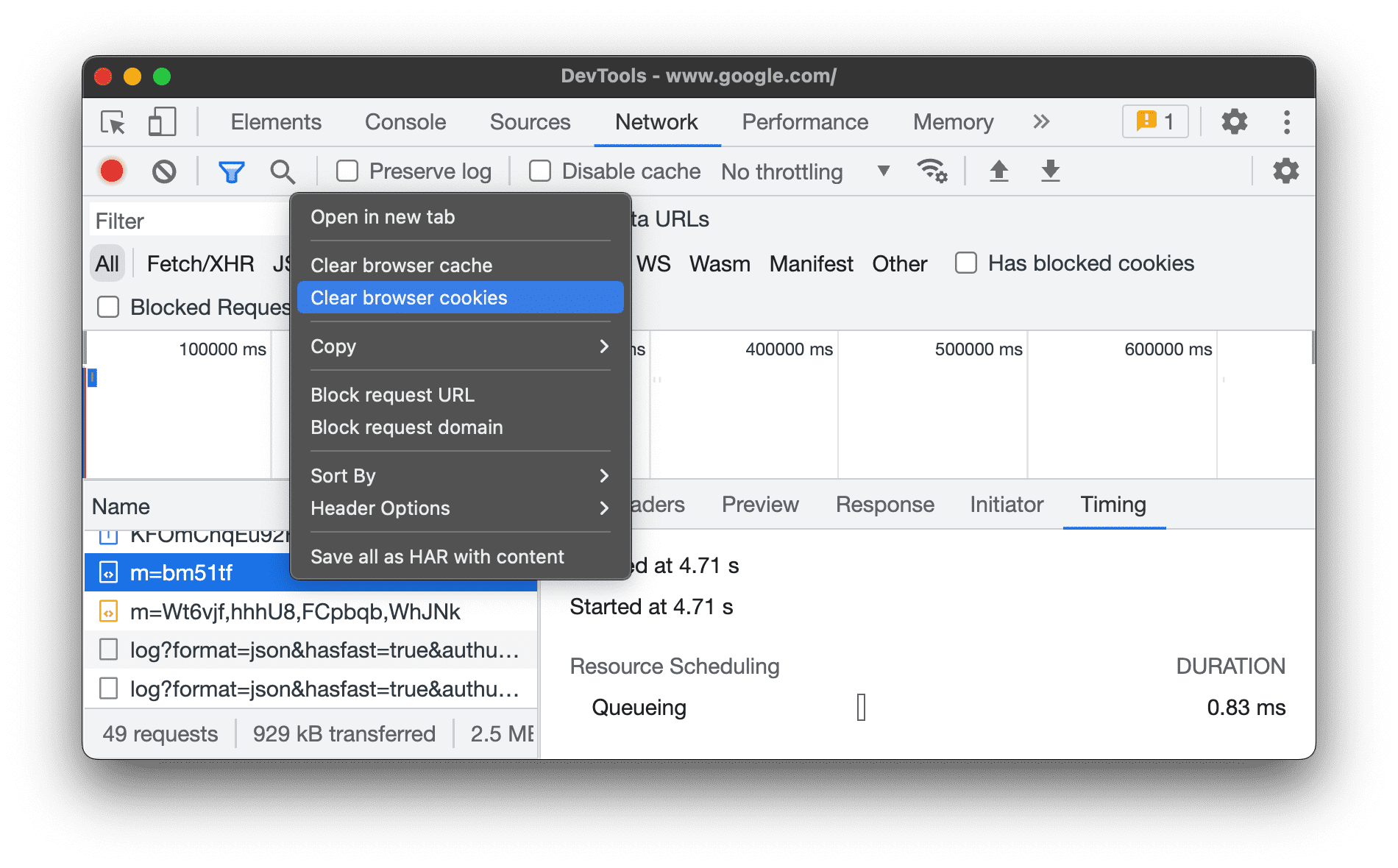 Selecionando "Limpar cookies do navegador".