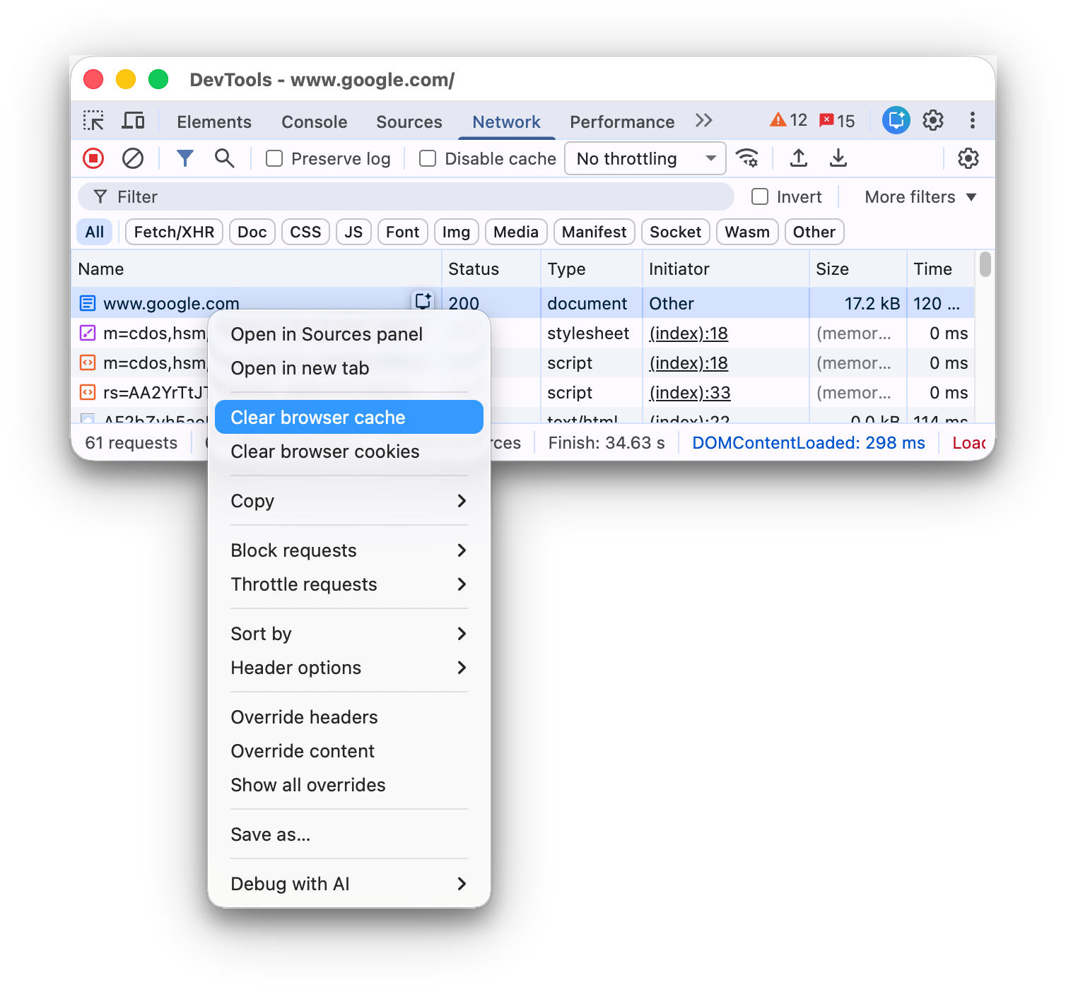 Context menu option to clear the browser cache.