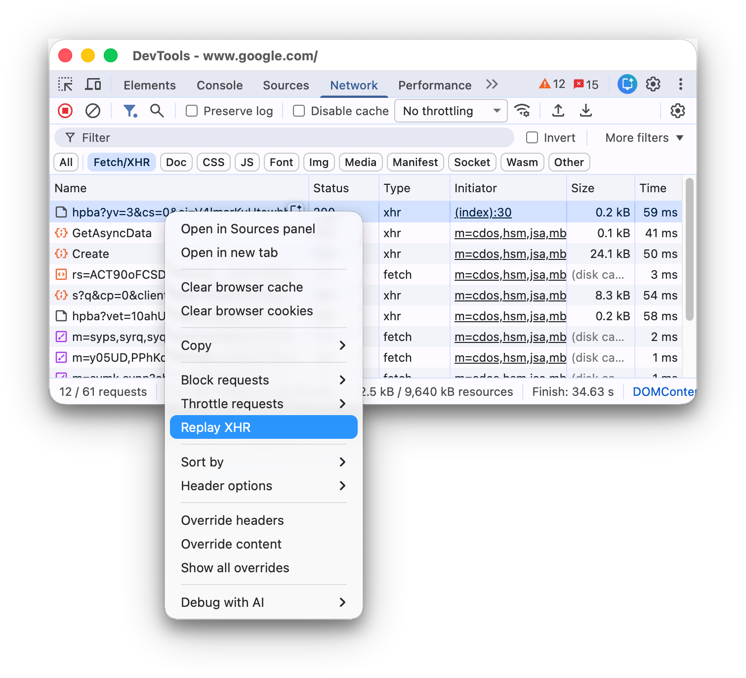 Contextmenu-optie om een ​​XHR-verzoek opnieuw af te spelen.