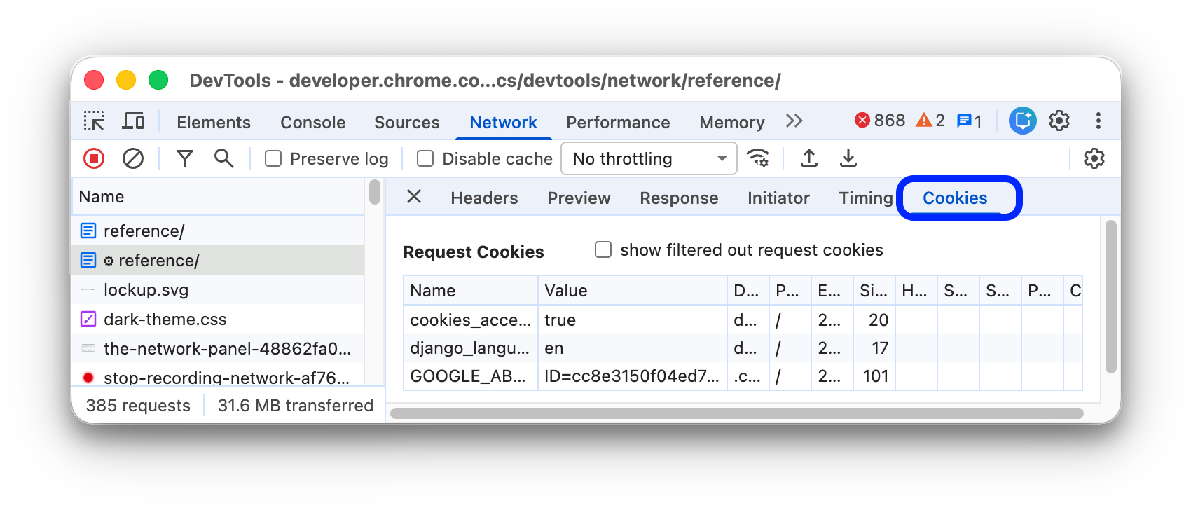 The Cookies tab of the selected request showing Cookie details.