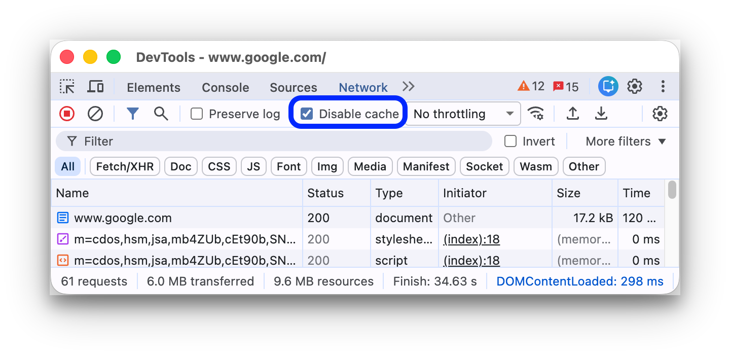 Het selectievakje 'Cache uitschakelen' in de instellingenbalk.