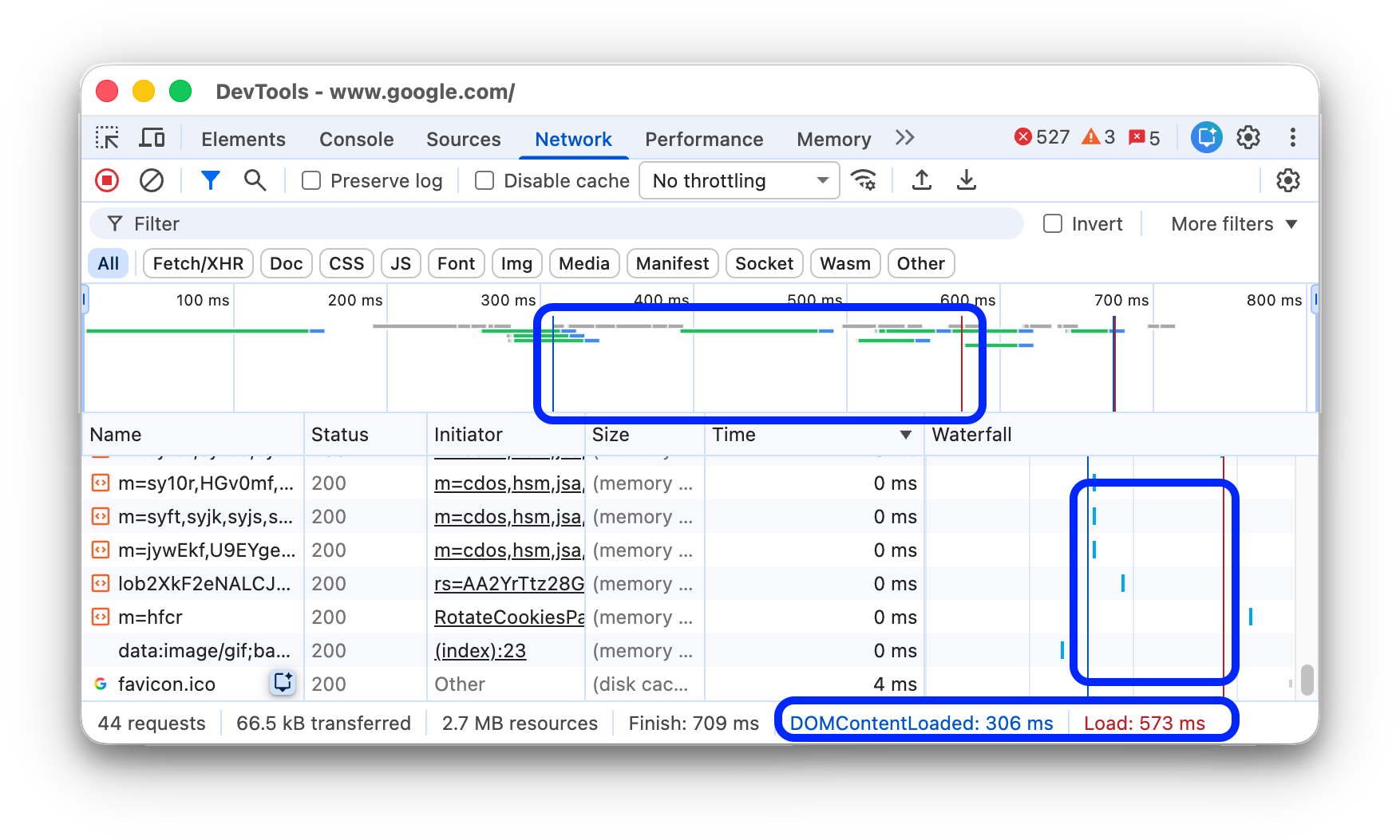 مکان رویدادهای DOMContentLoaded و load در پنل Network.