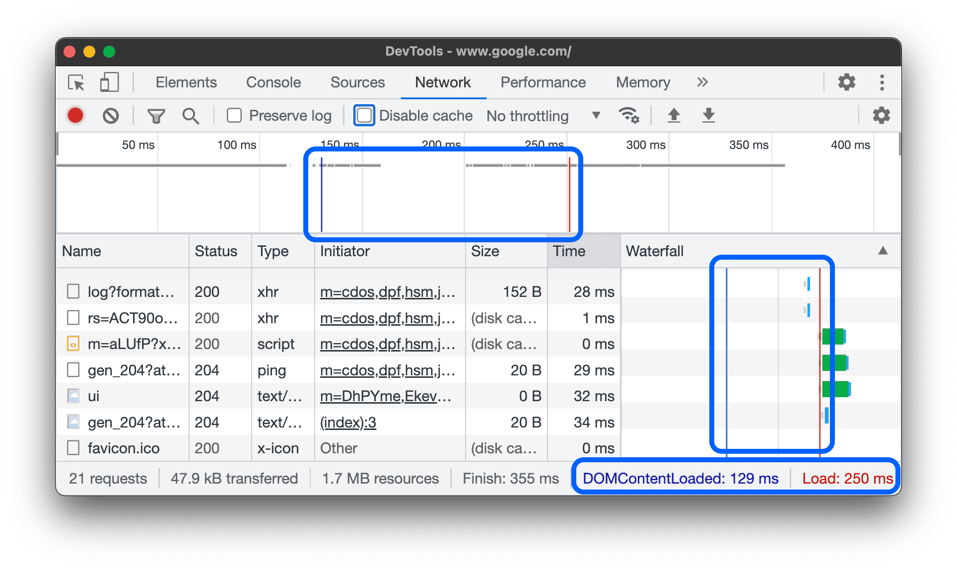 As localizações dos eventos DOMContentLoaded e load no painel &quot;Network&quot;.