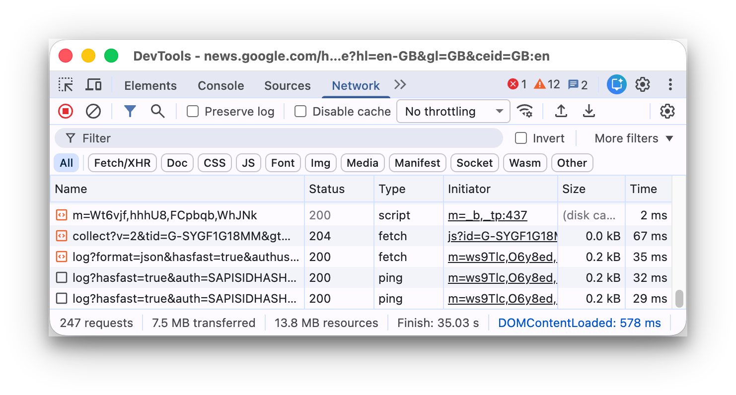De interface van het netwerkpaneel van Chrome DevTools.