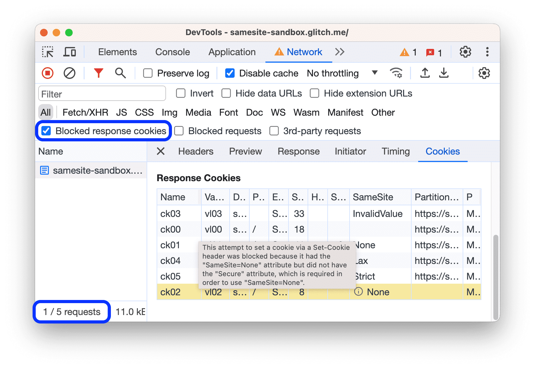 [リクエスト] テーブルには、ブロックされたレスポンス Cookie が含まれるリクエストのみが表示されます。