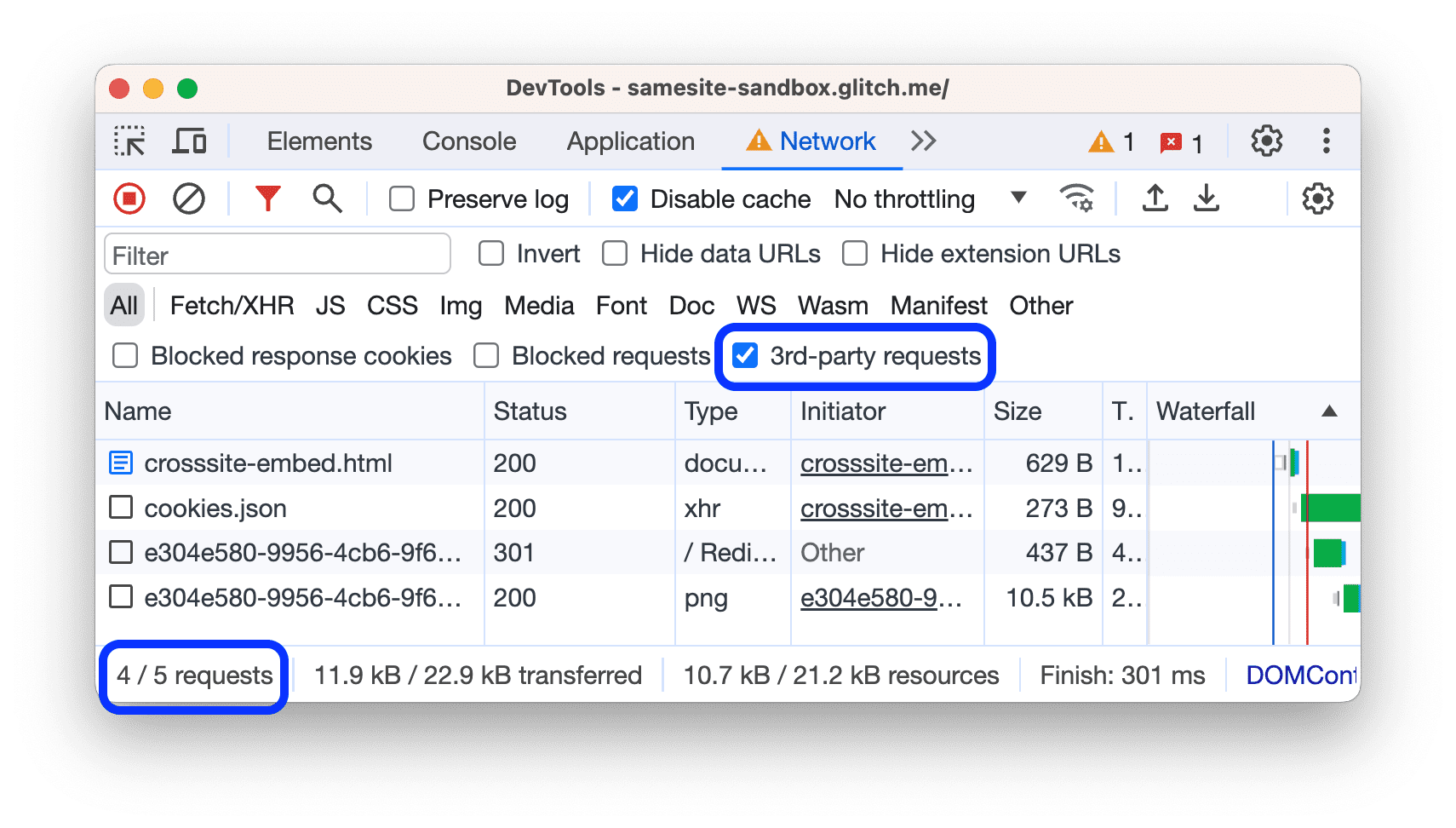 “Requests”表格仅显示第三方请求。