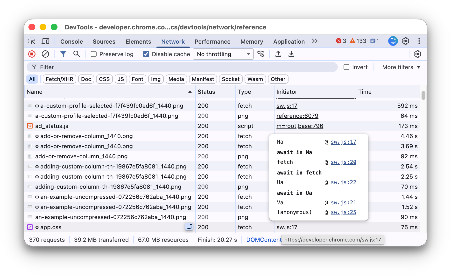 De stacktrace die voorafgaat aan een resourceaanvraag.