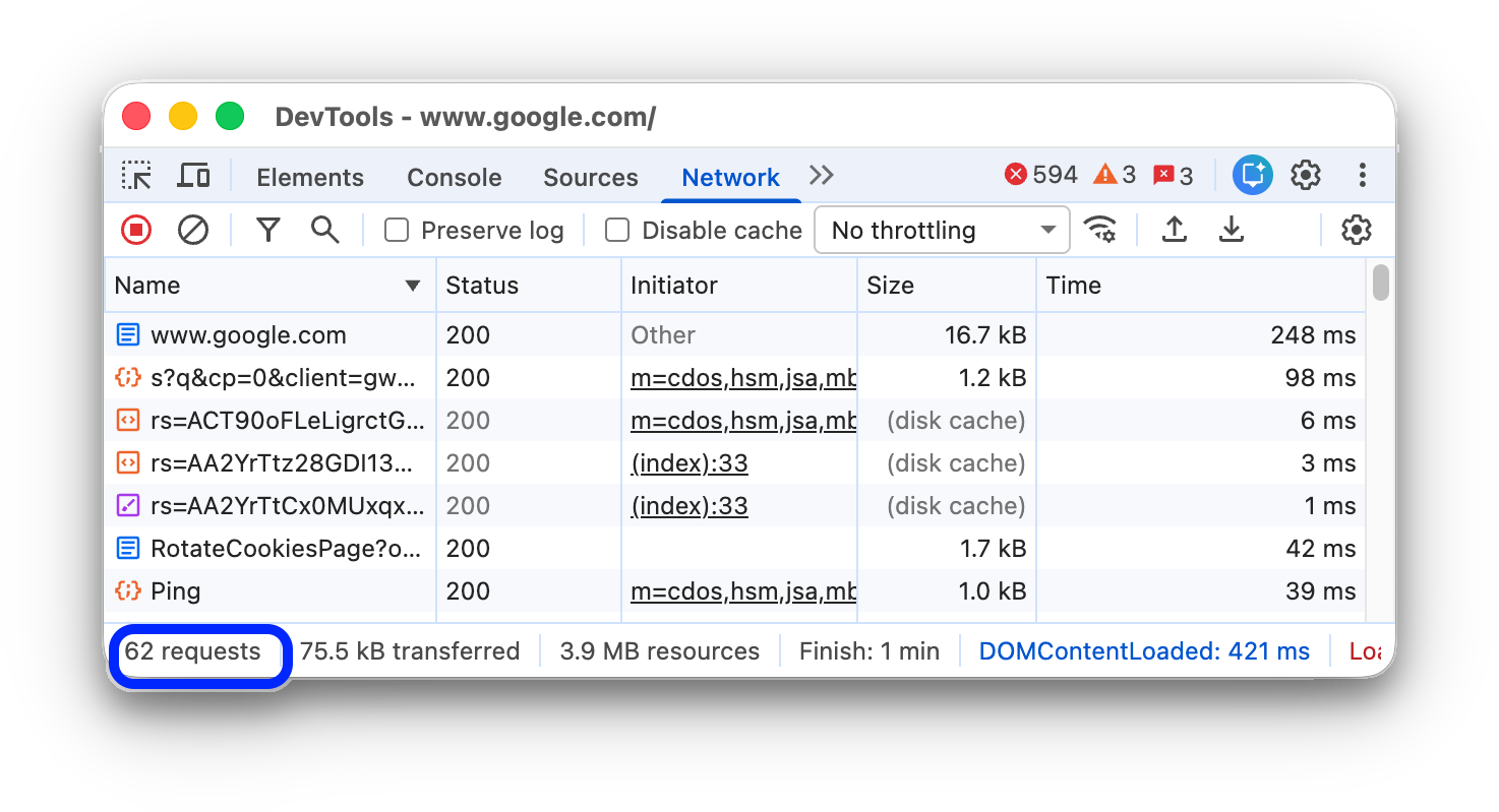 تعداد کل درخواست‌ها از زمان باز شدن DevTools.