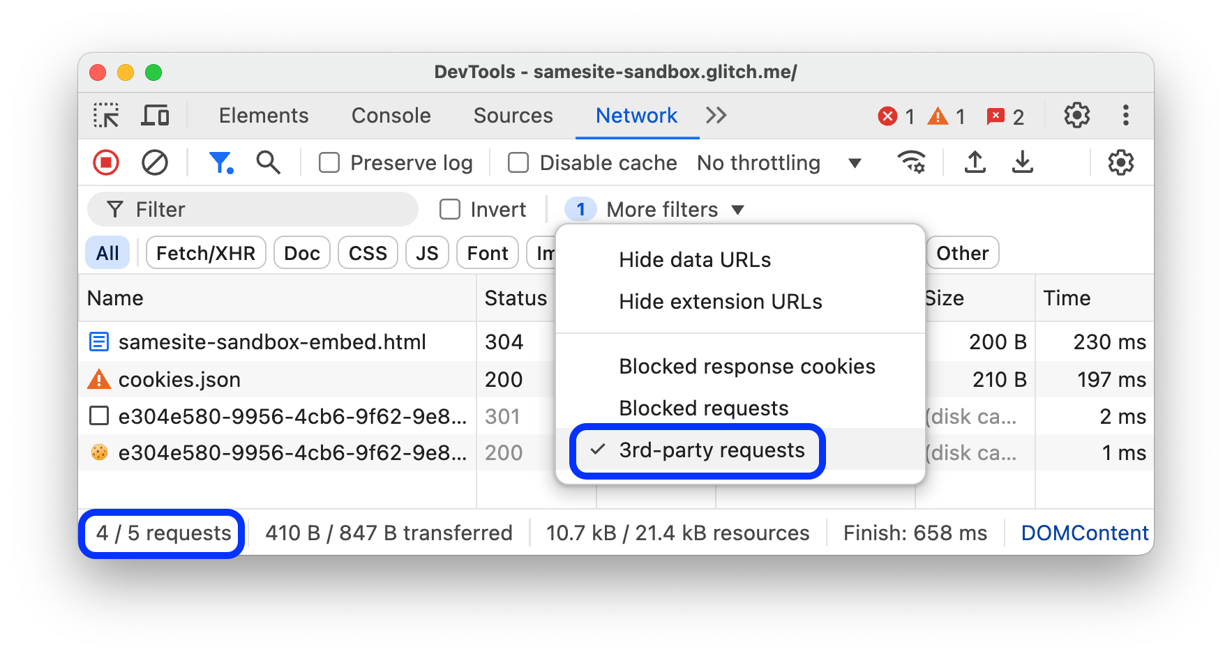 The Requests table shows only the third-party requests.