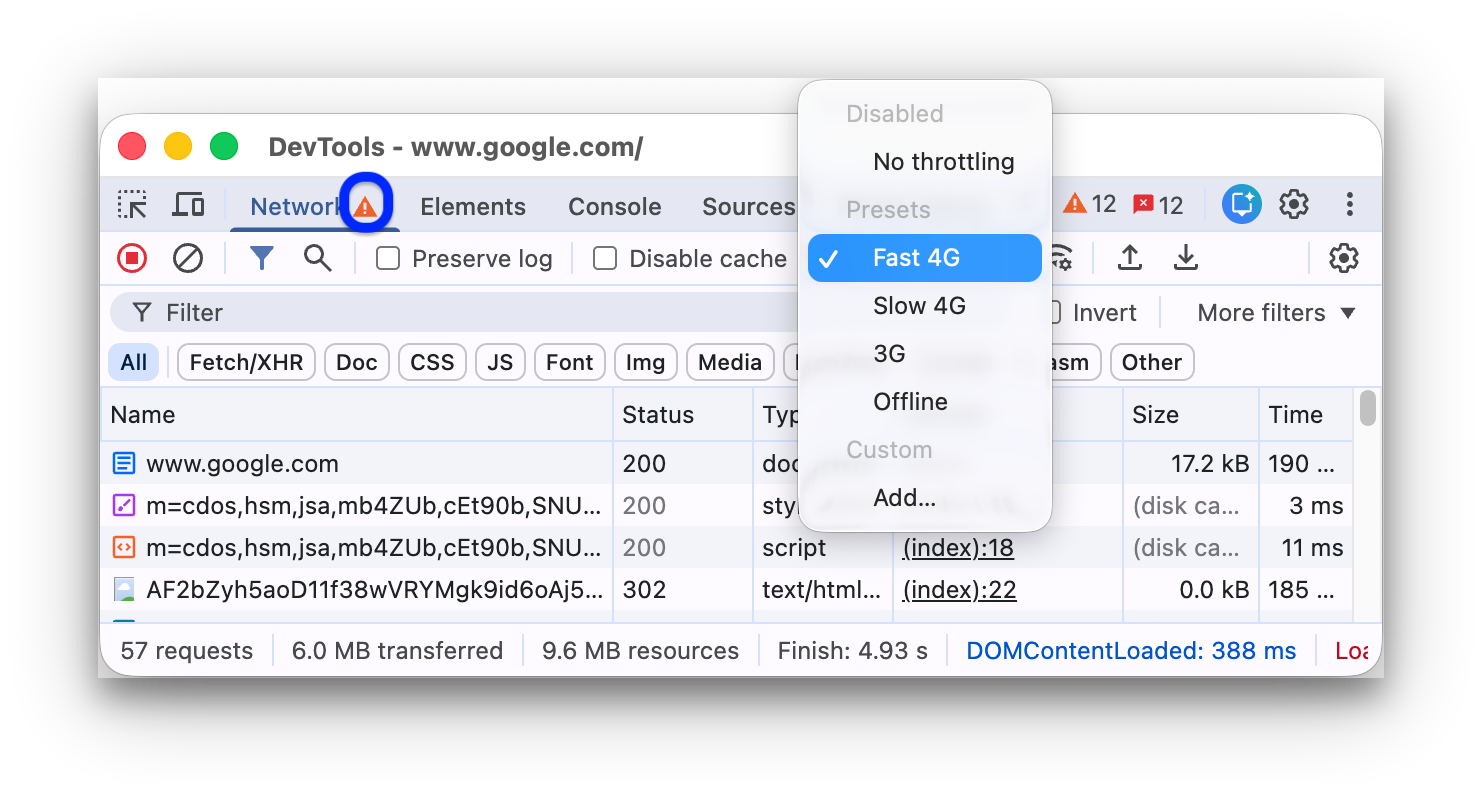 The network throttling drop-down menu with presets.