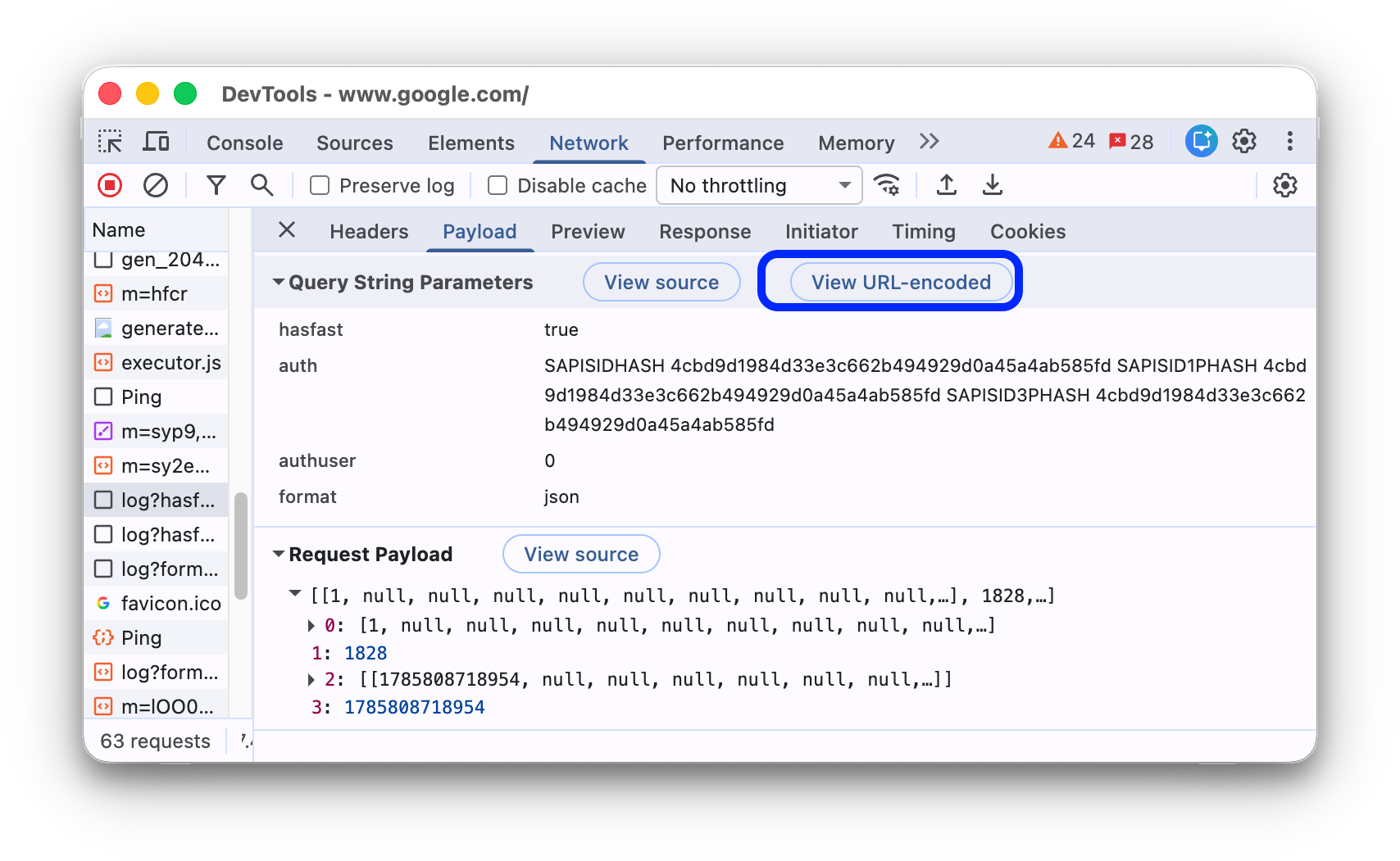 Buttons to toggle URL-decoding of payload parameters.