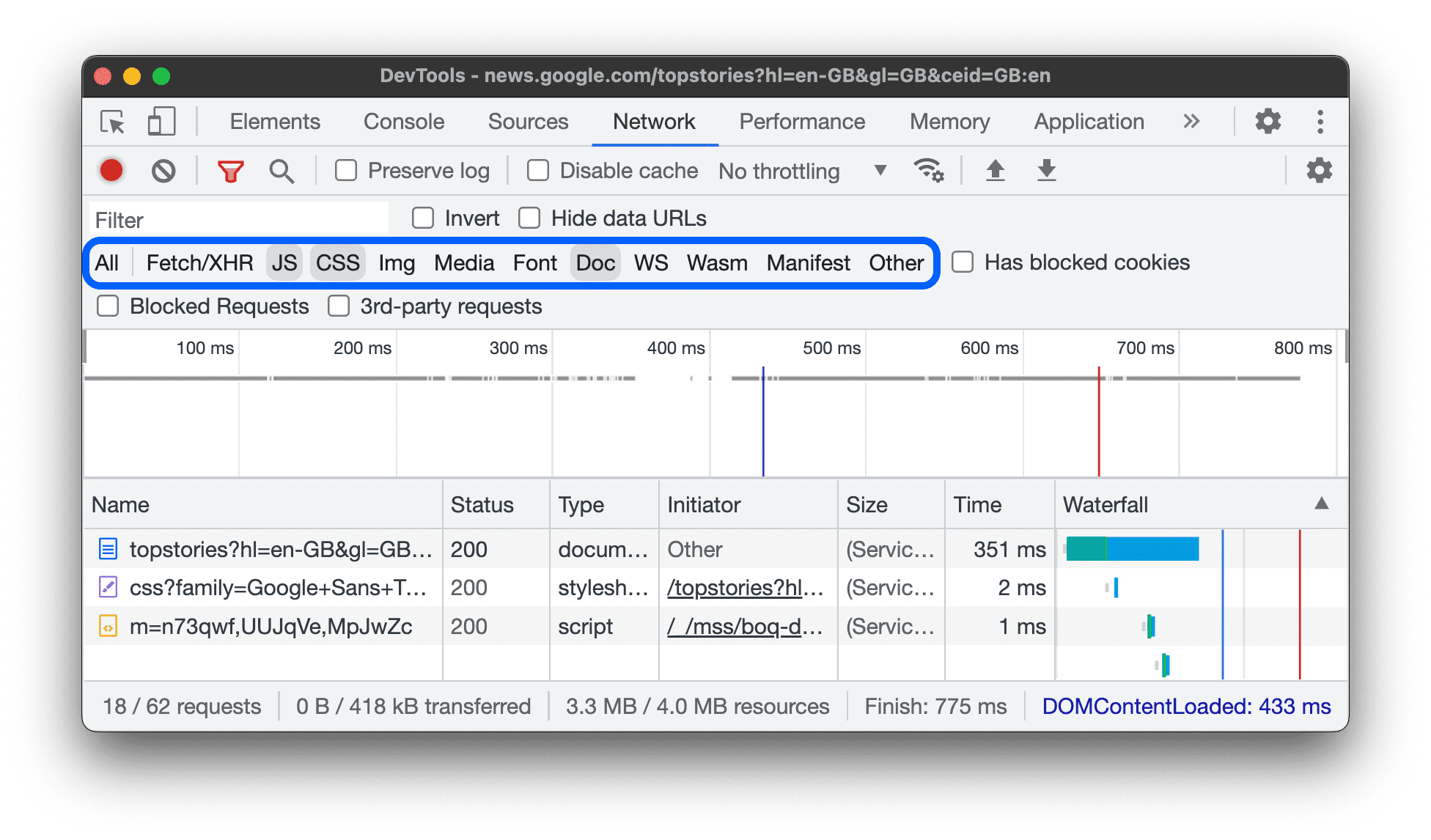 タイプフィルタを使用して JS、CSS、Document の各リソースを表示する。