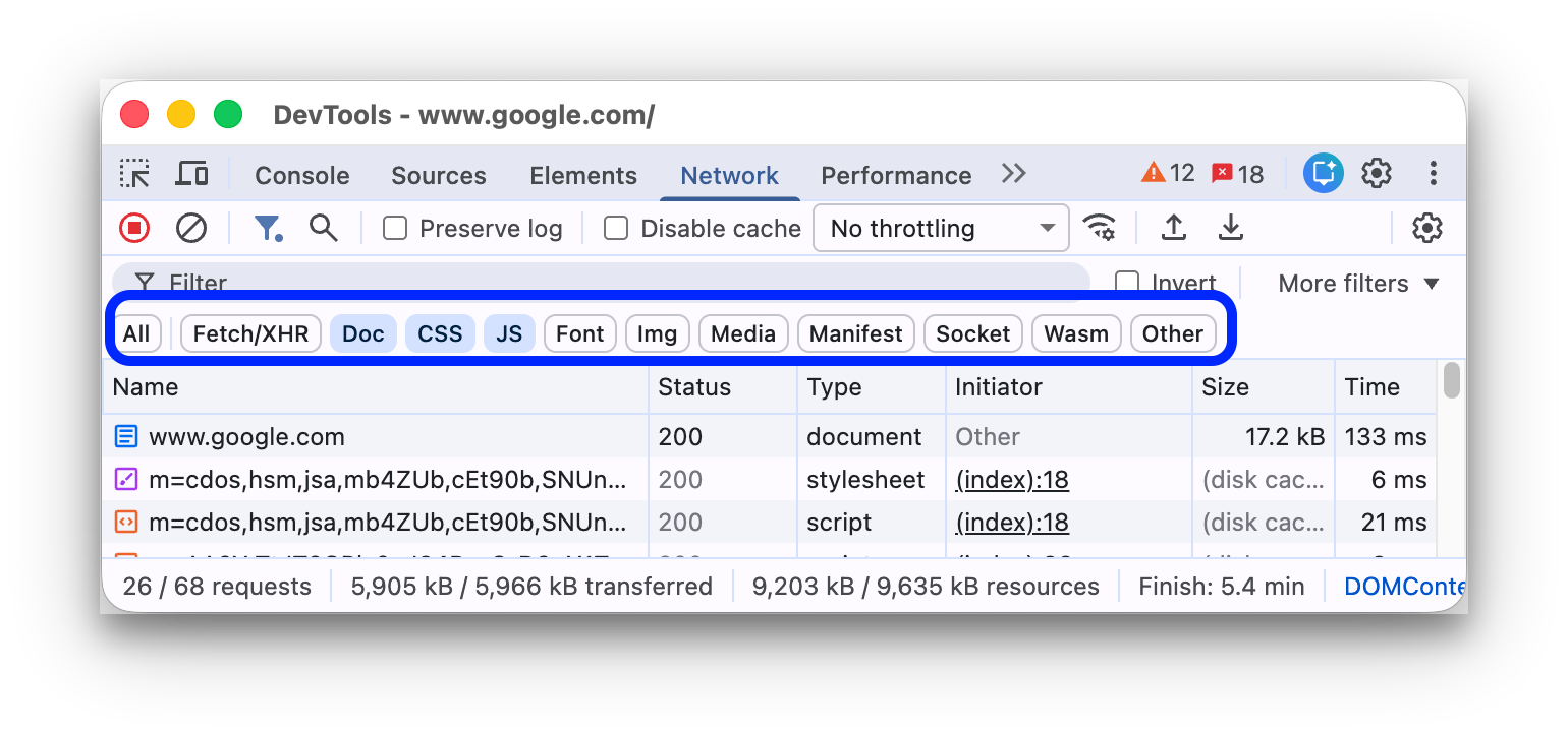 Gebruik de typefilters om CSS- en documentbronnen te tonen.