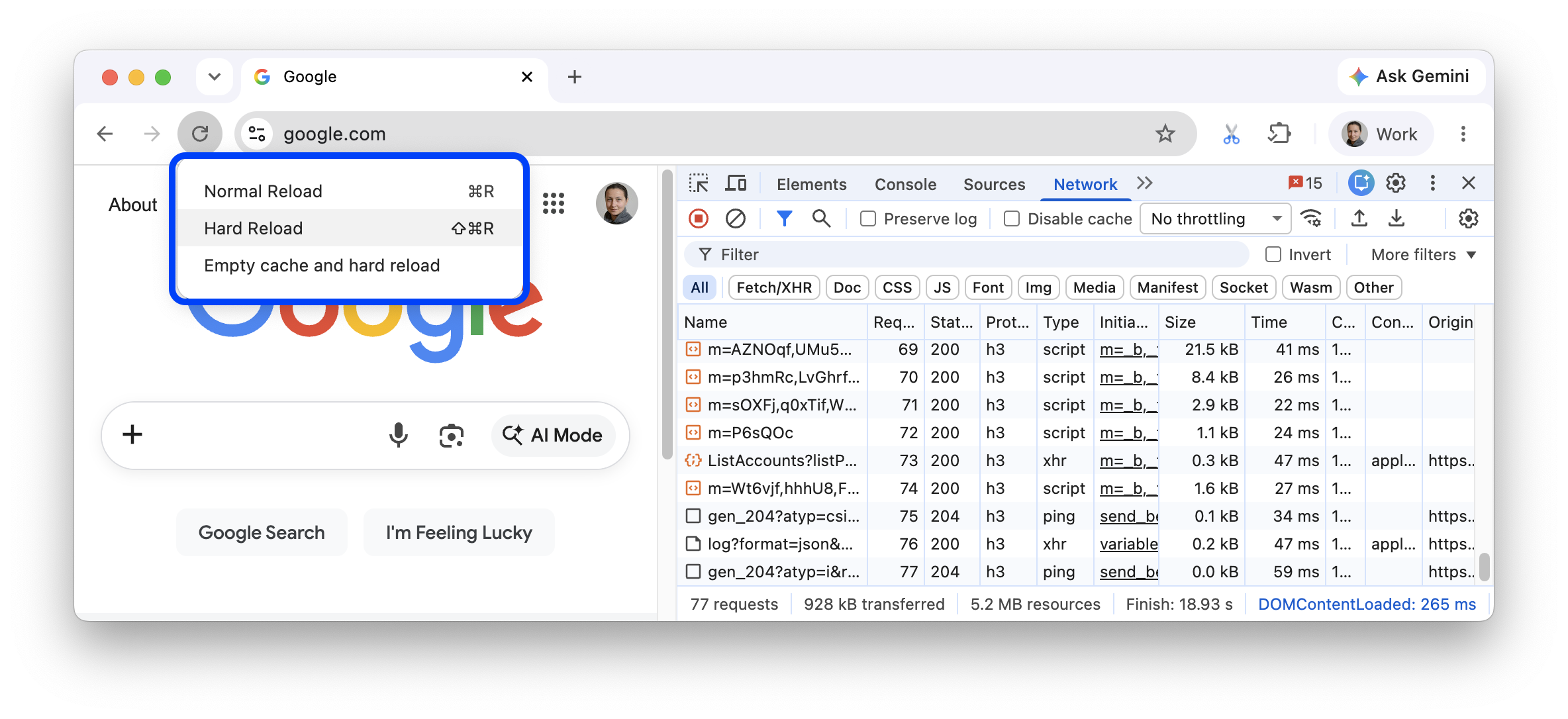 Three reload options with DevTools open.