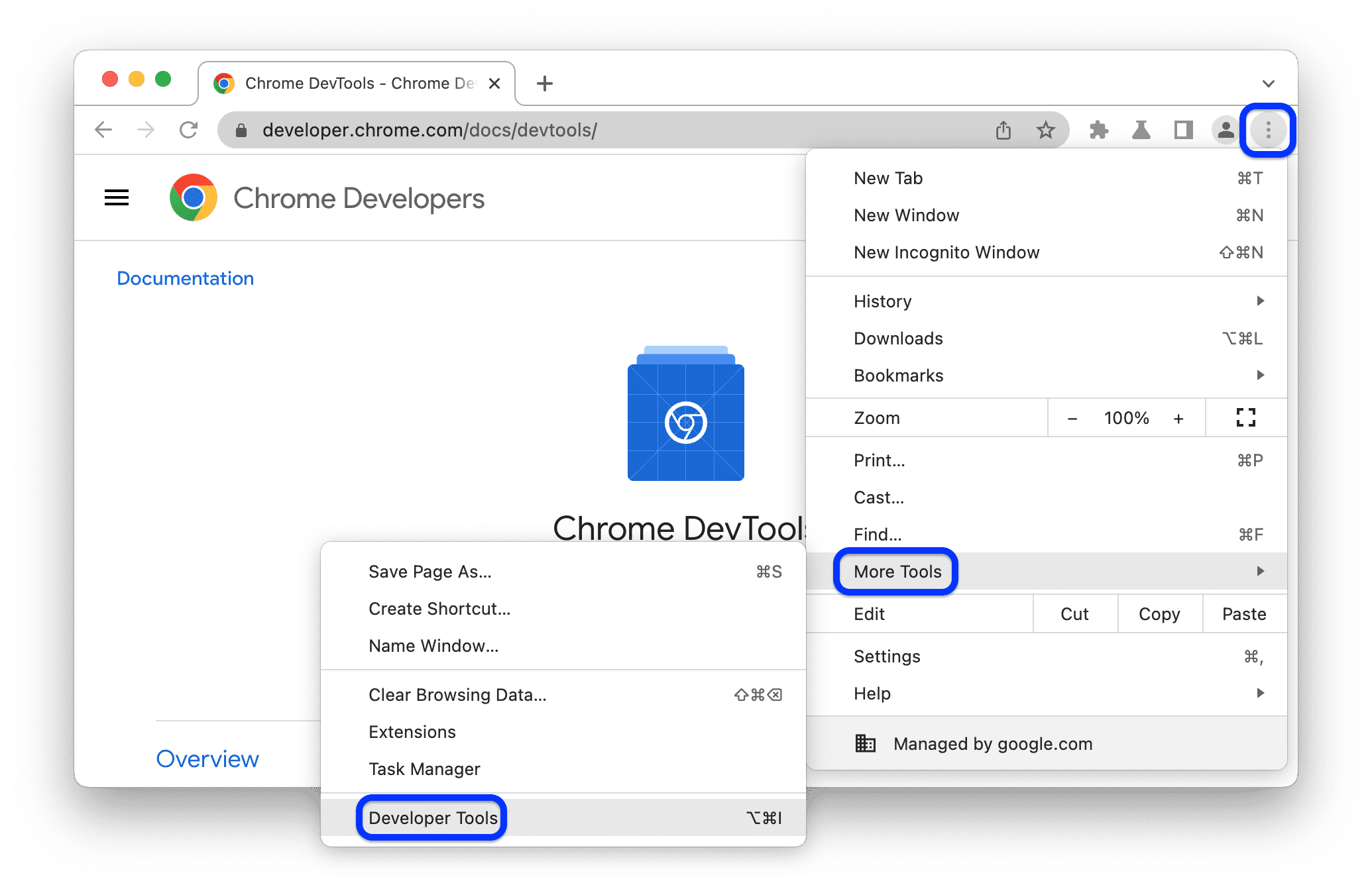 The Developer Tools option selected from the three-dot menu.