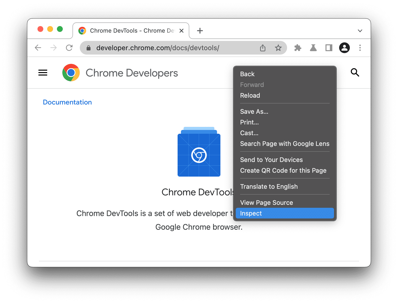 Opcja Inspect (Sprawdź) w menu w Chrome.