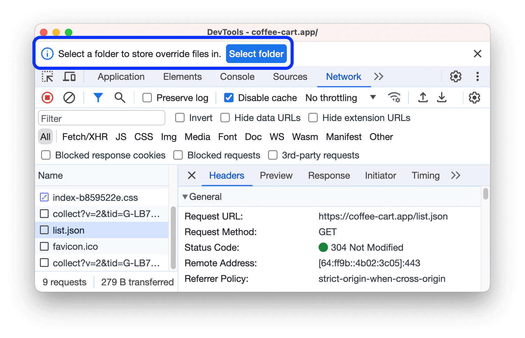 DevTools আপনাকে একটি ফোল্ডার নির্বাচন করতে অনুরোধ করে।