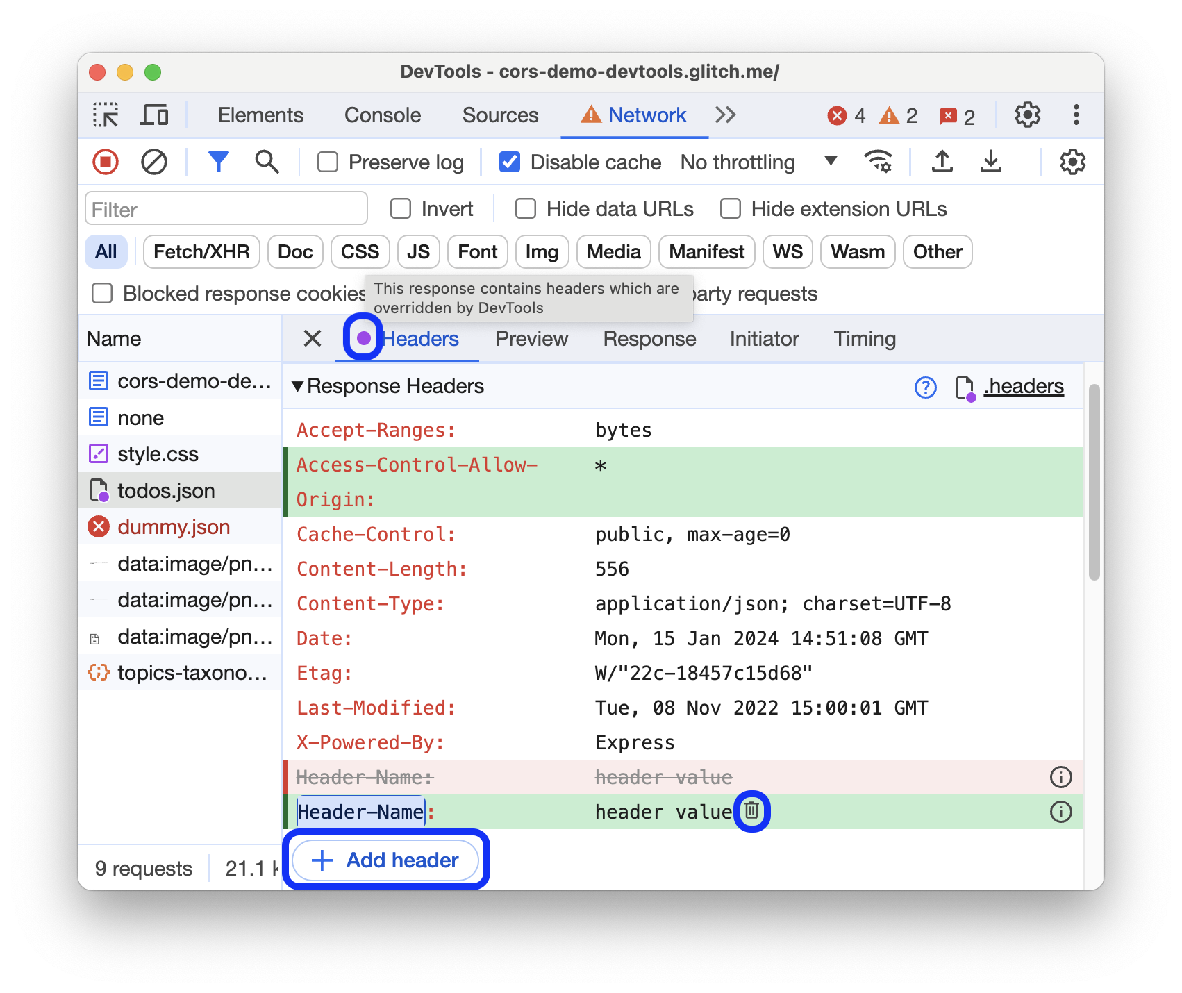 Modificar um valor de cabeçalho existente, adicionar um novo e remover uma substituição.