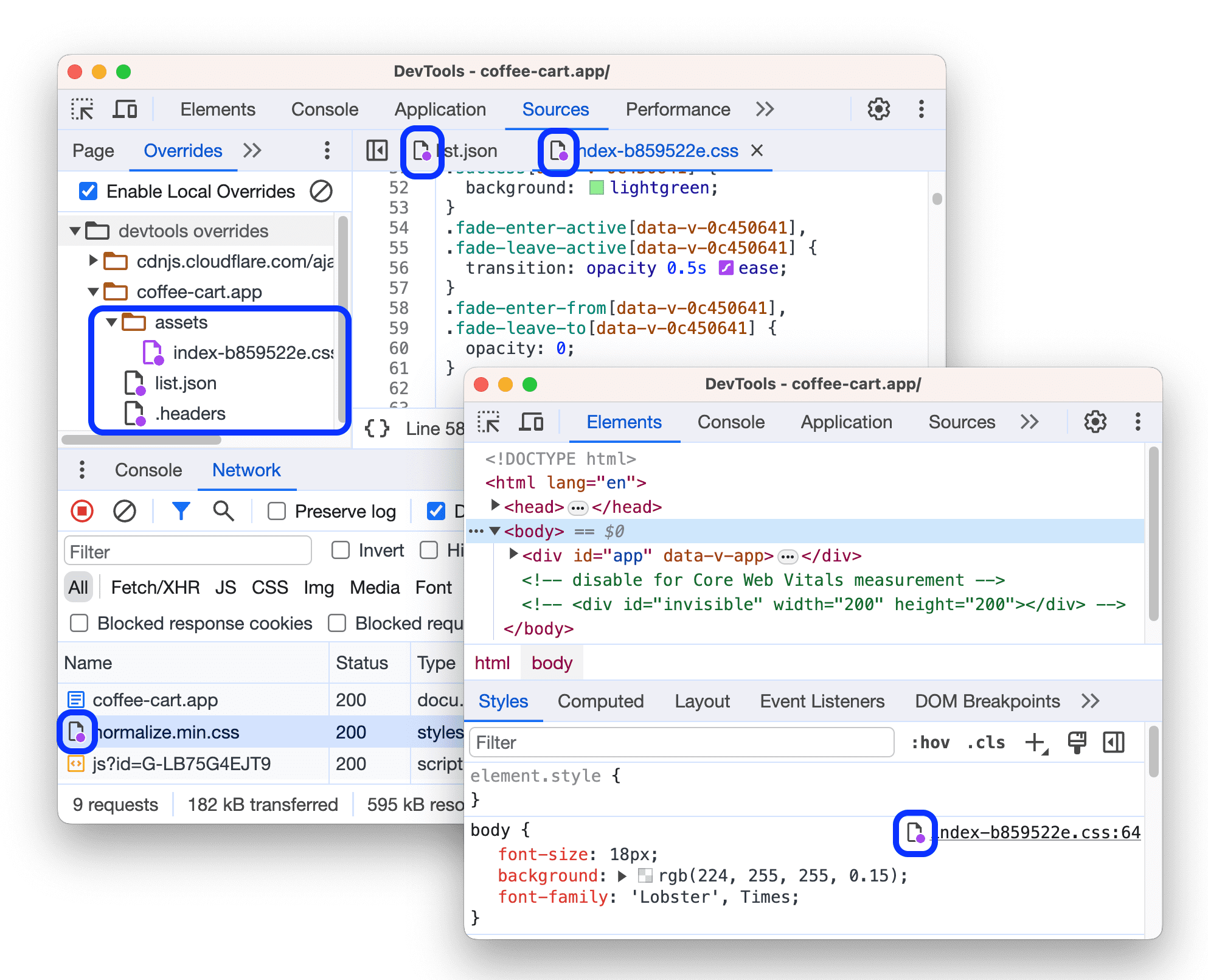 The corresponding icons next to overridden files in Sources, Network, and Elements then Styles