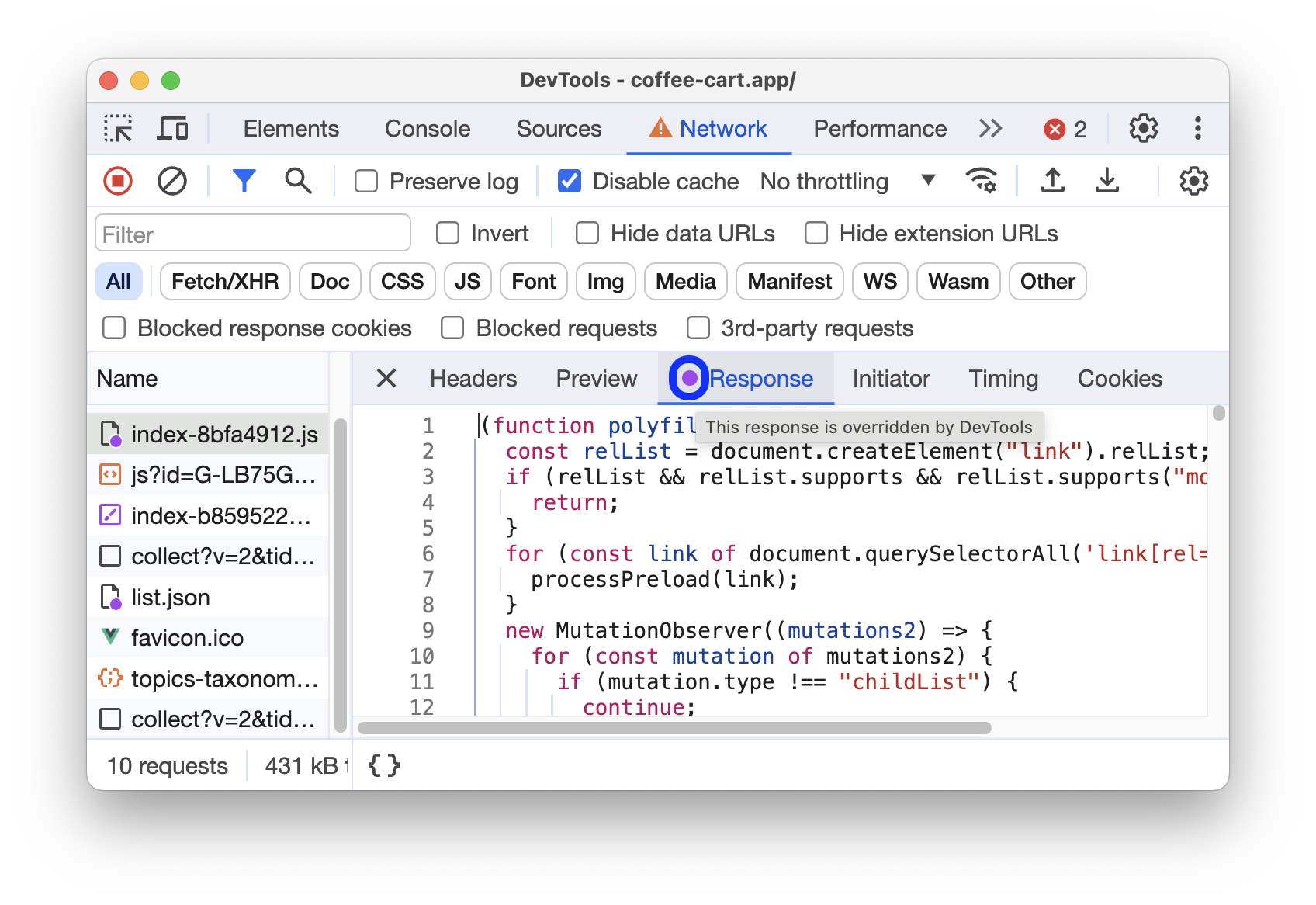 [Response] タブの横にツールチップが表示された紫色のドットアイコン。