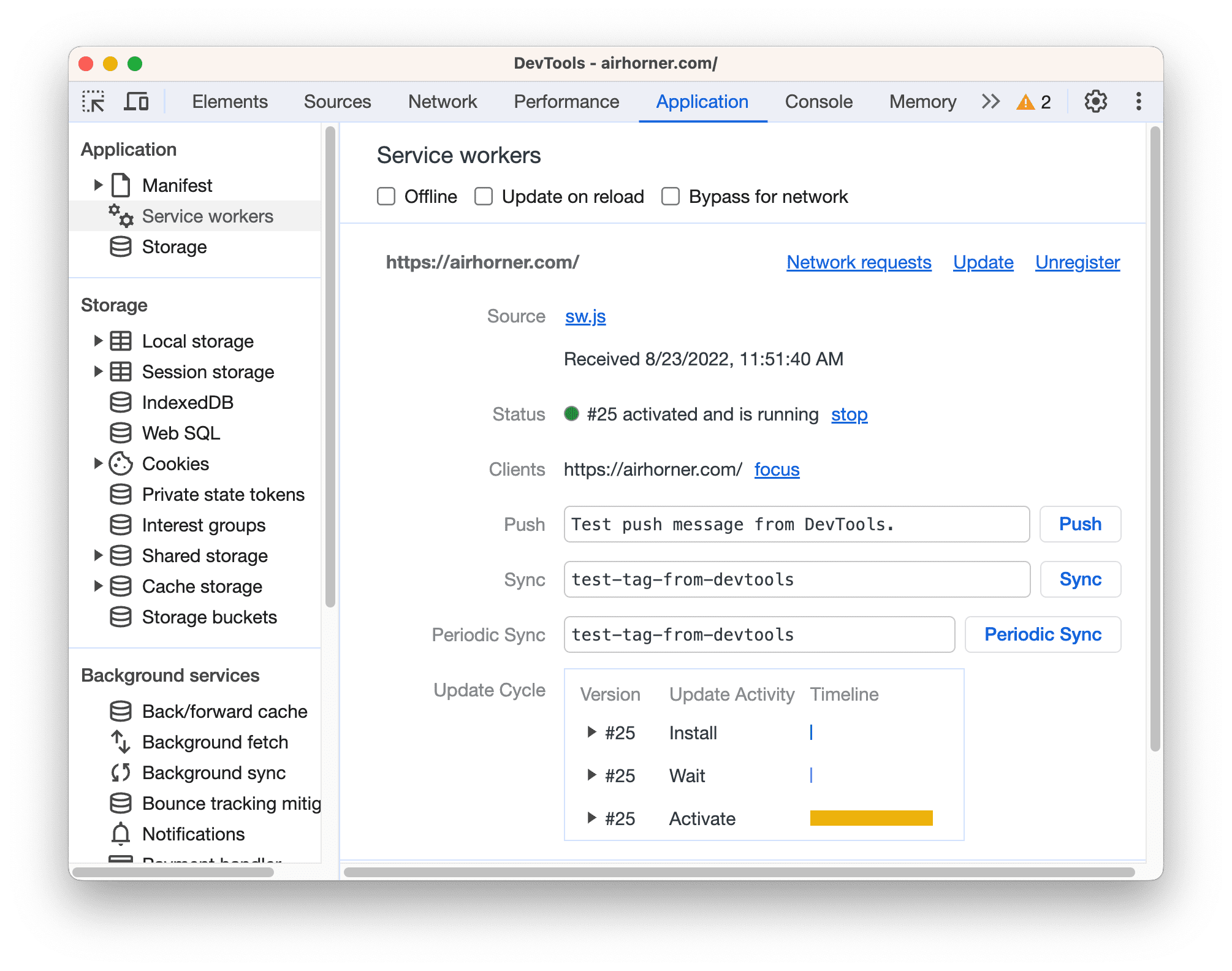 Il riquadro dell'applicazione con la sezione Service worker aperta.