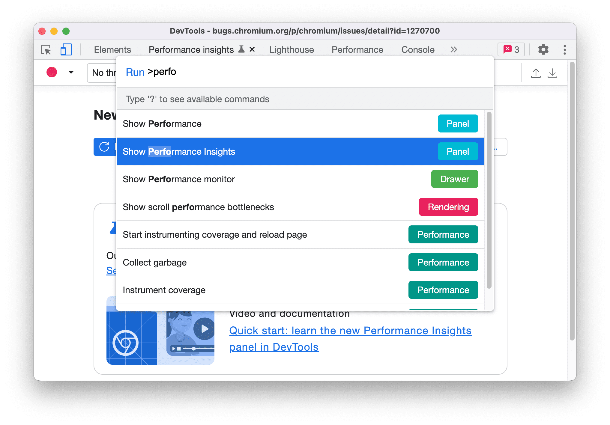 Mostra il comando Performance Insights nel menu Comando.