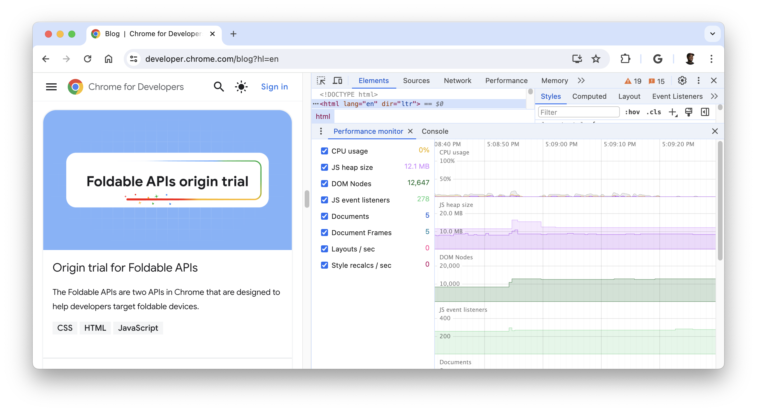 The Performance monitor panel.