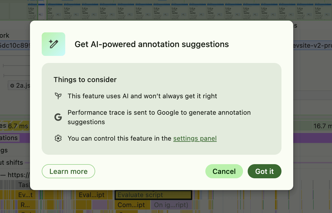 Consideraciones sobre las anotaciones que explican que la IA no siempre puede acertar, que la IA funciona enviando los datos de seguimiento necesarios a Google para analizar y hacer la sugerencia, y que puedes controlar esta función en la pestaña de configuración.