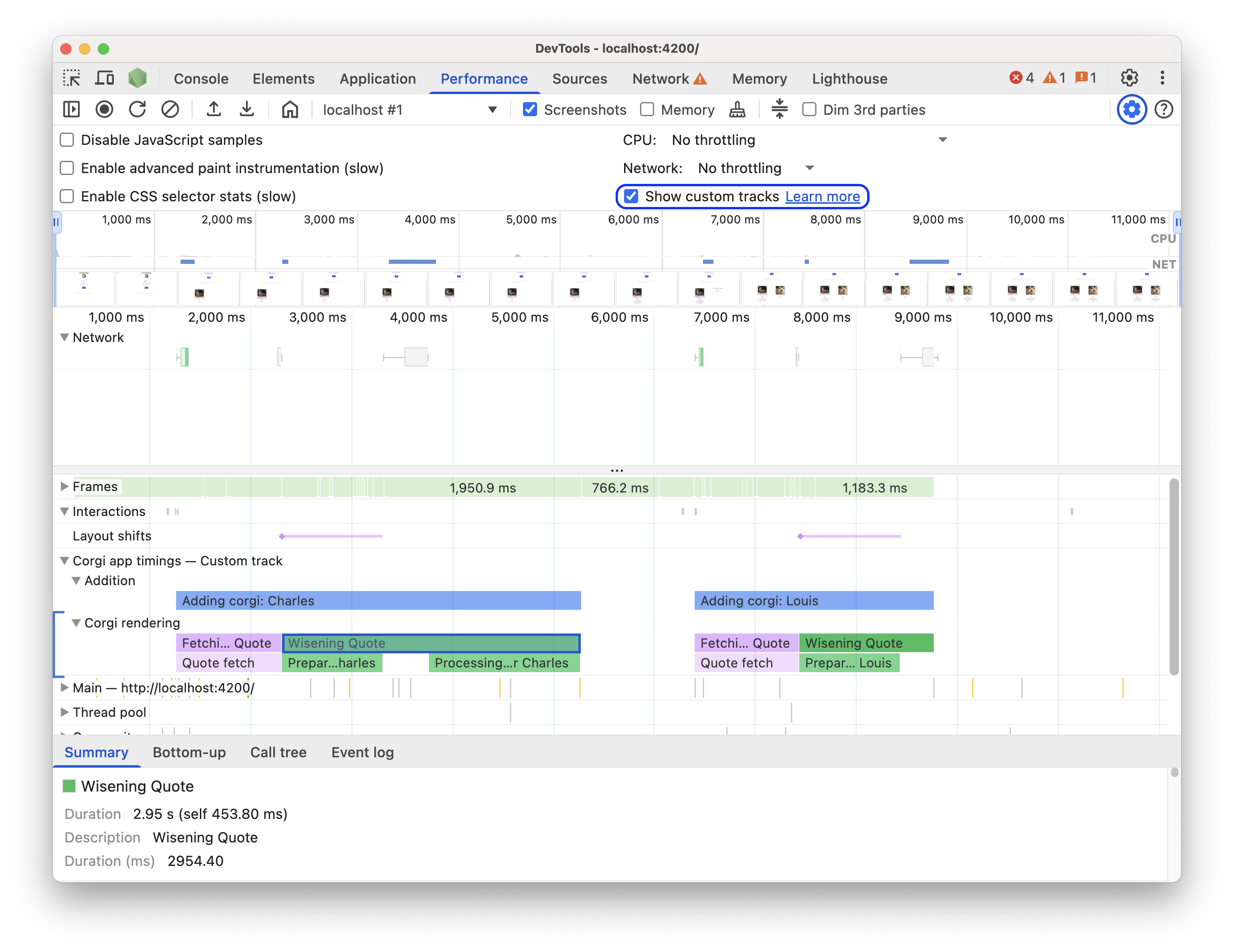 La casilla de verificación &quot;Mostrar segmentos personalizados&quot; en &quot;Configuración de captura&quot; del panel Rendimiento.