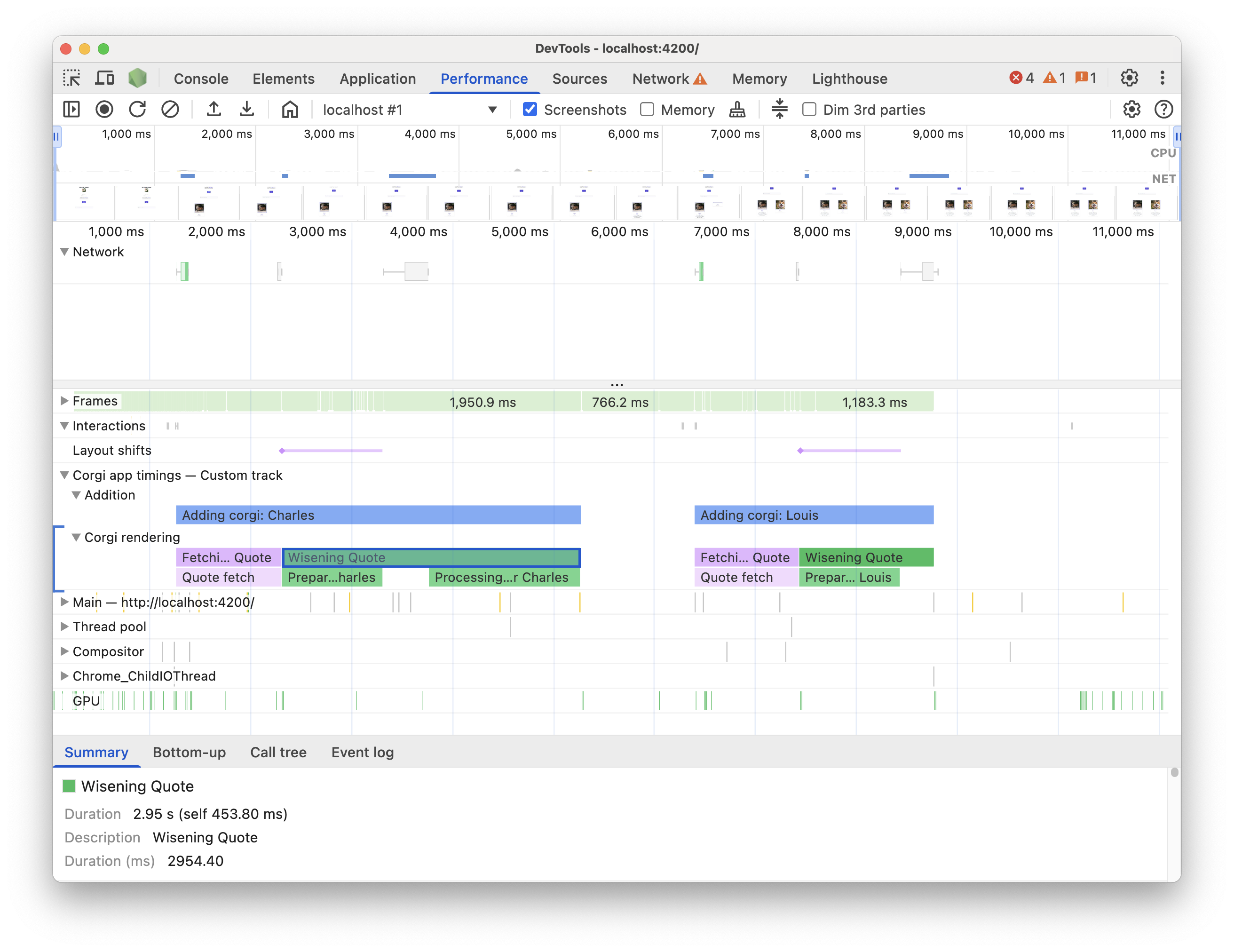 An example of how custom tracks look in the Performance panel.