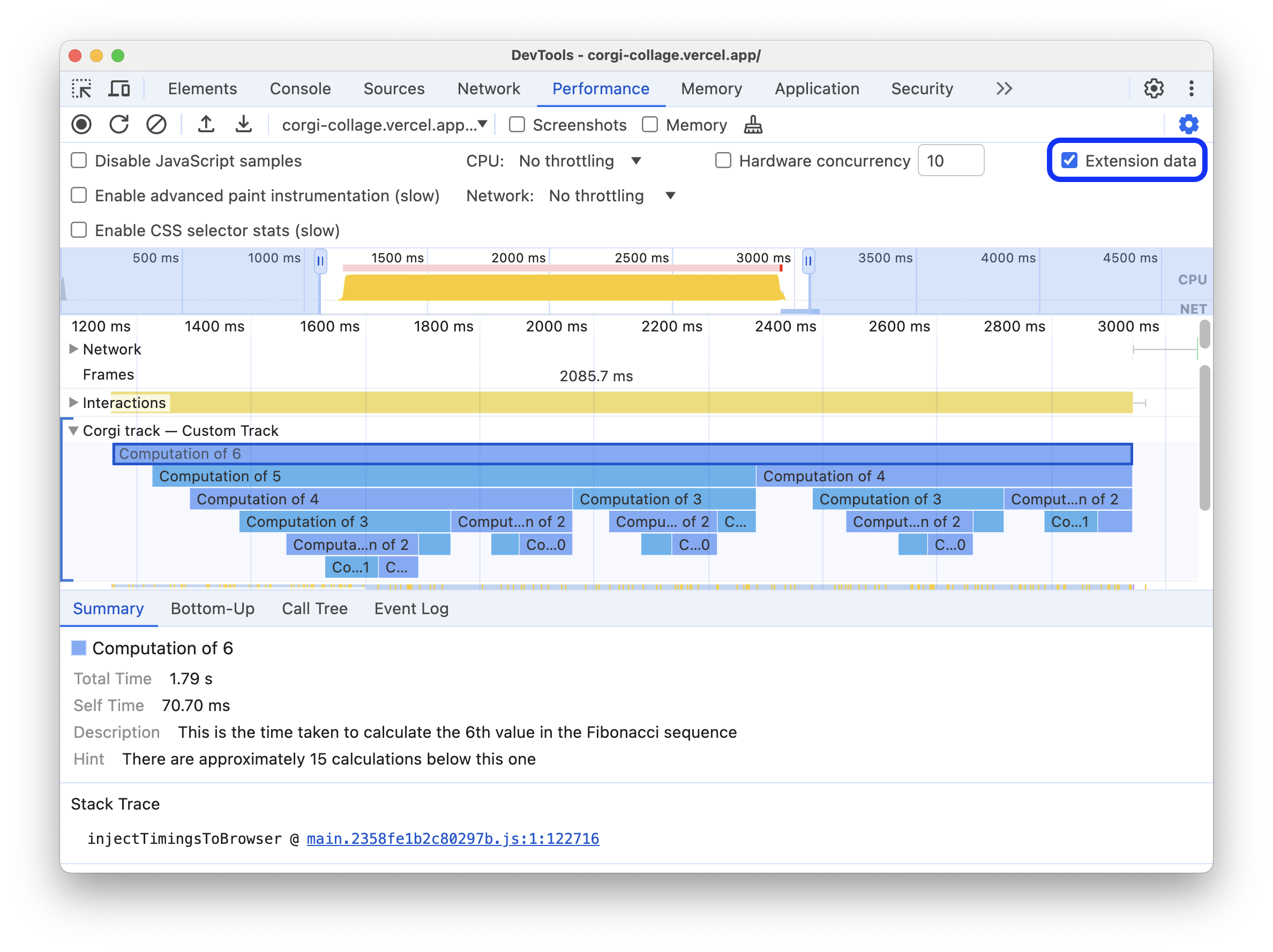 The 'Extension data' checkbox in the 'Capture settings' of the Performance panel.