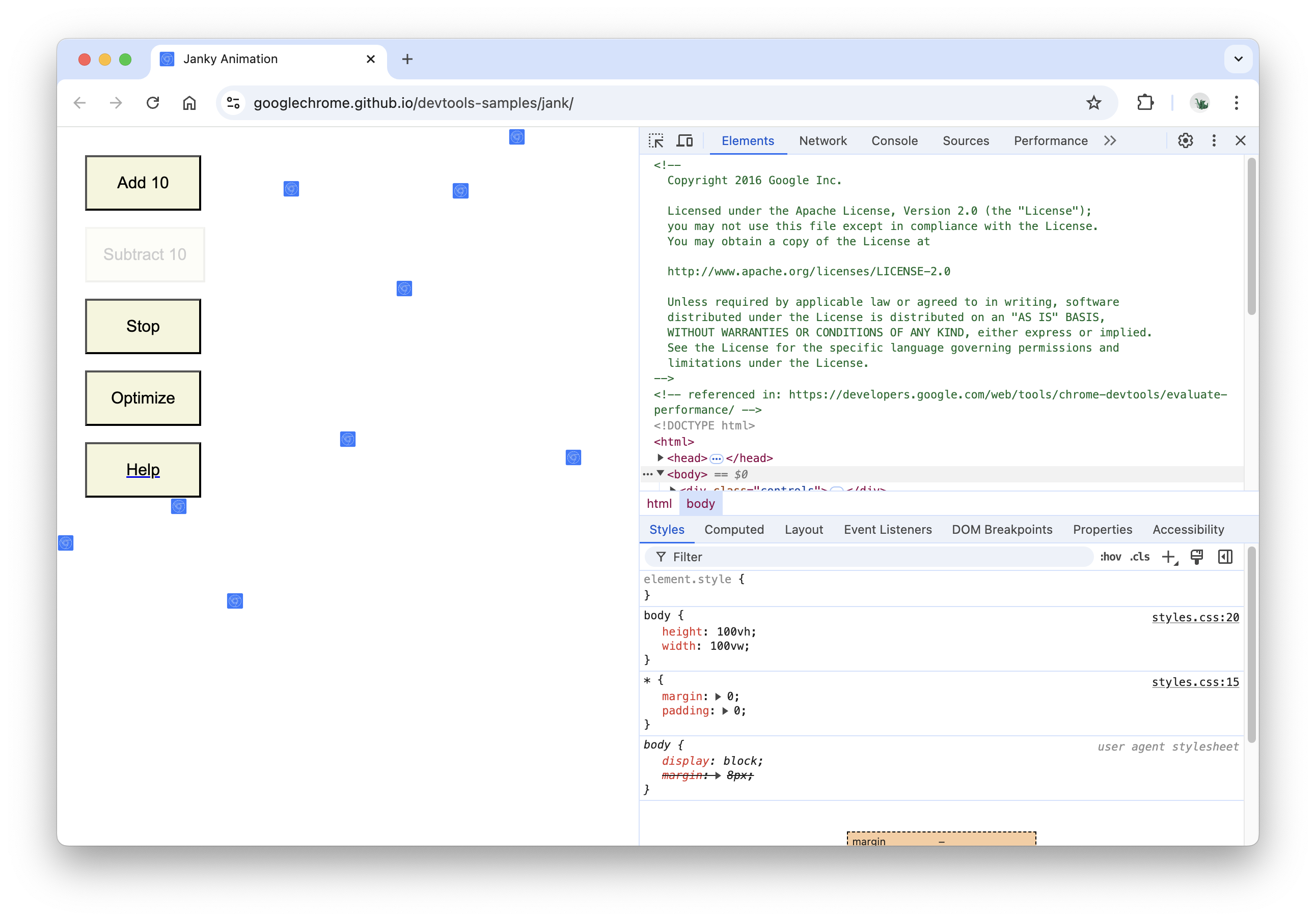 نسخه ی نمایشی در سمت چپ و DevTools در سمت راست.