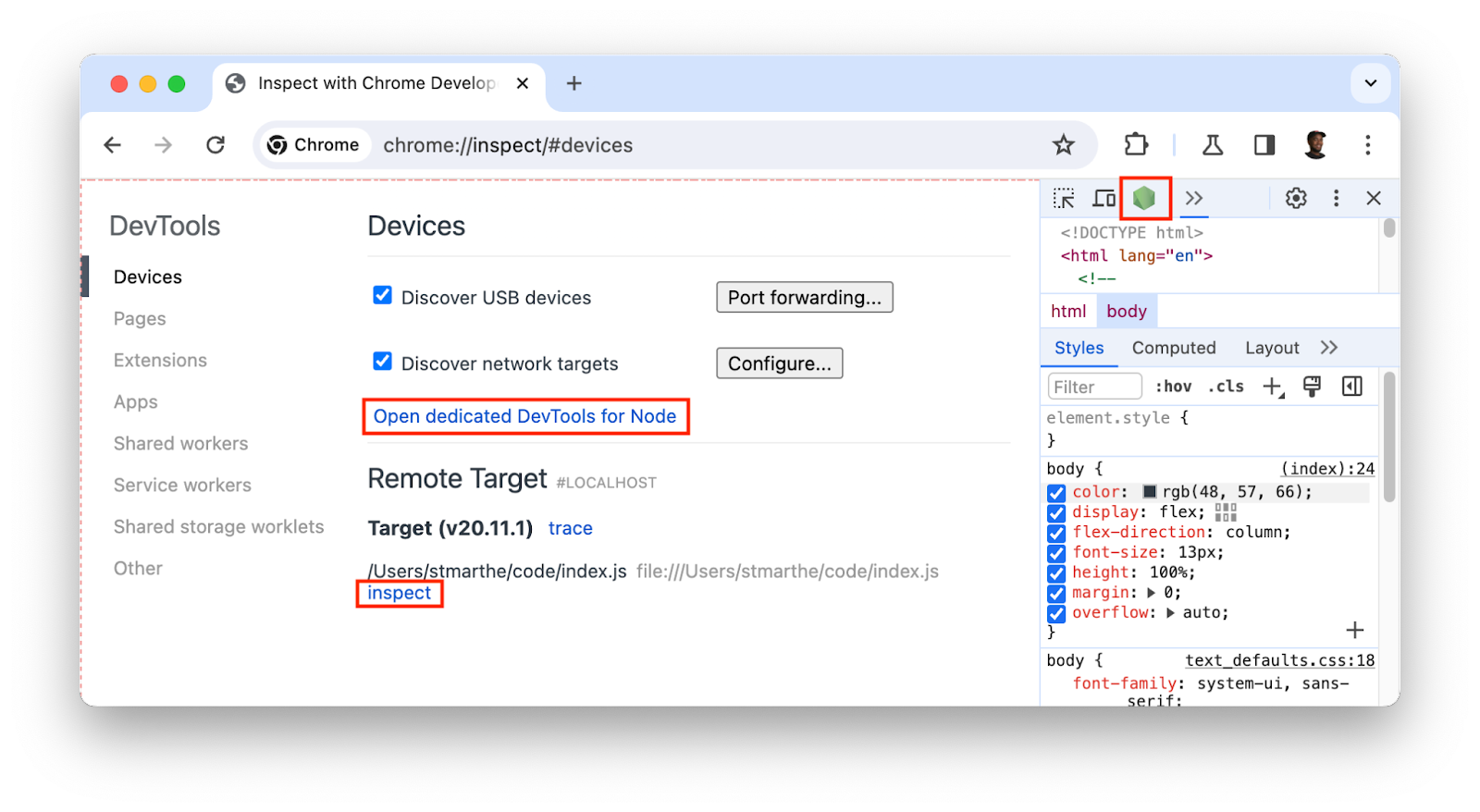 Alle Möglichkeiten, die Entwicklertools für Node zu öffnen.