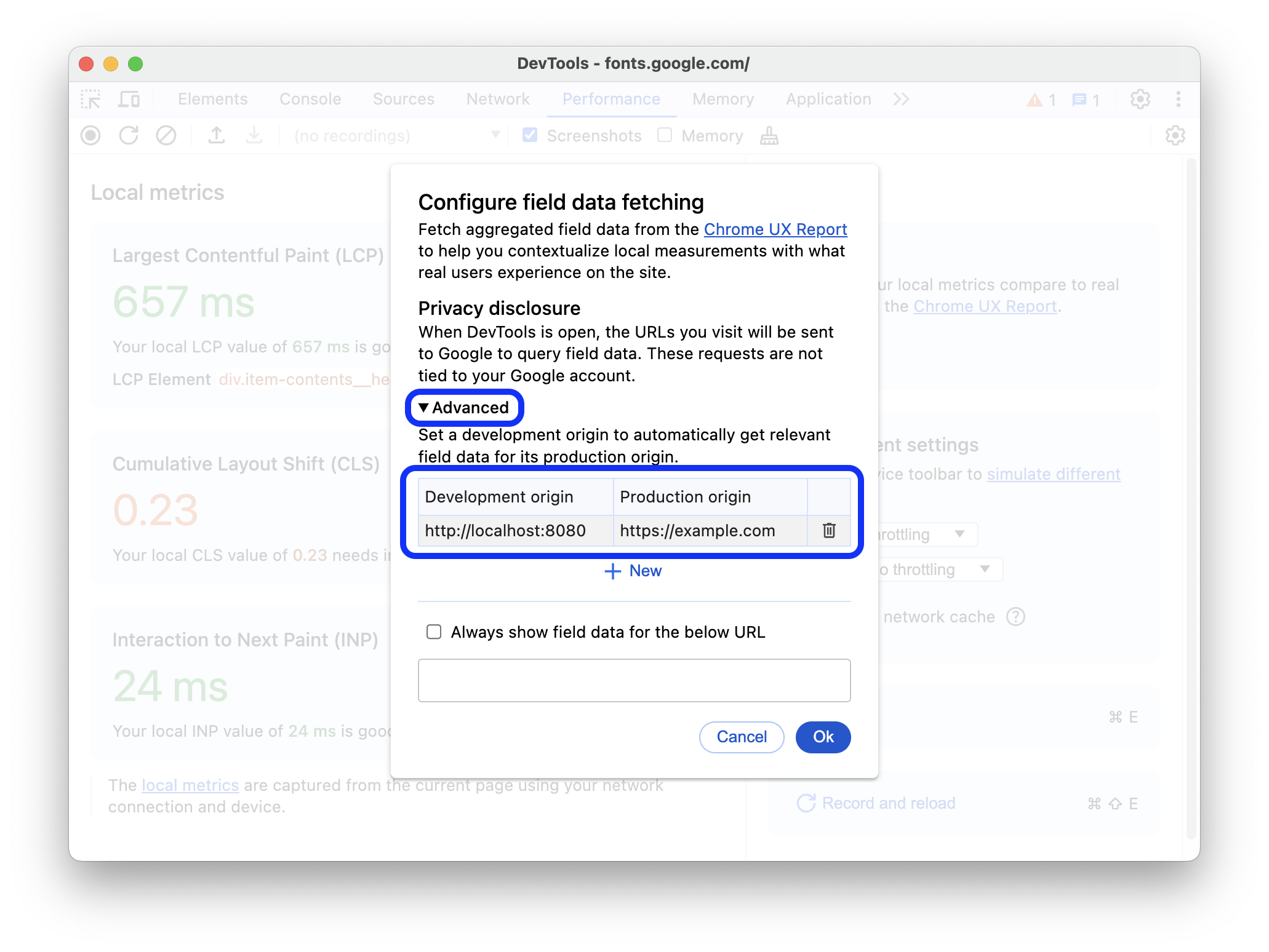 Сопоставление между началом разработки и началом производства в расширенном разделе.