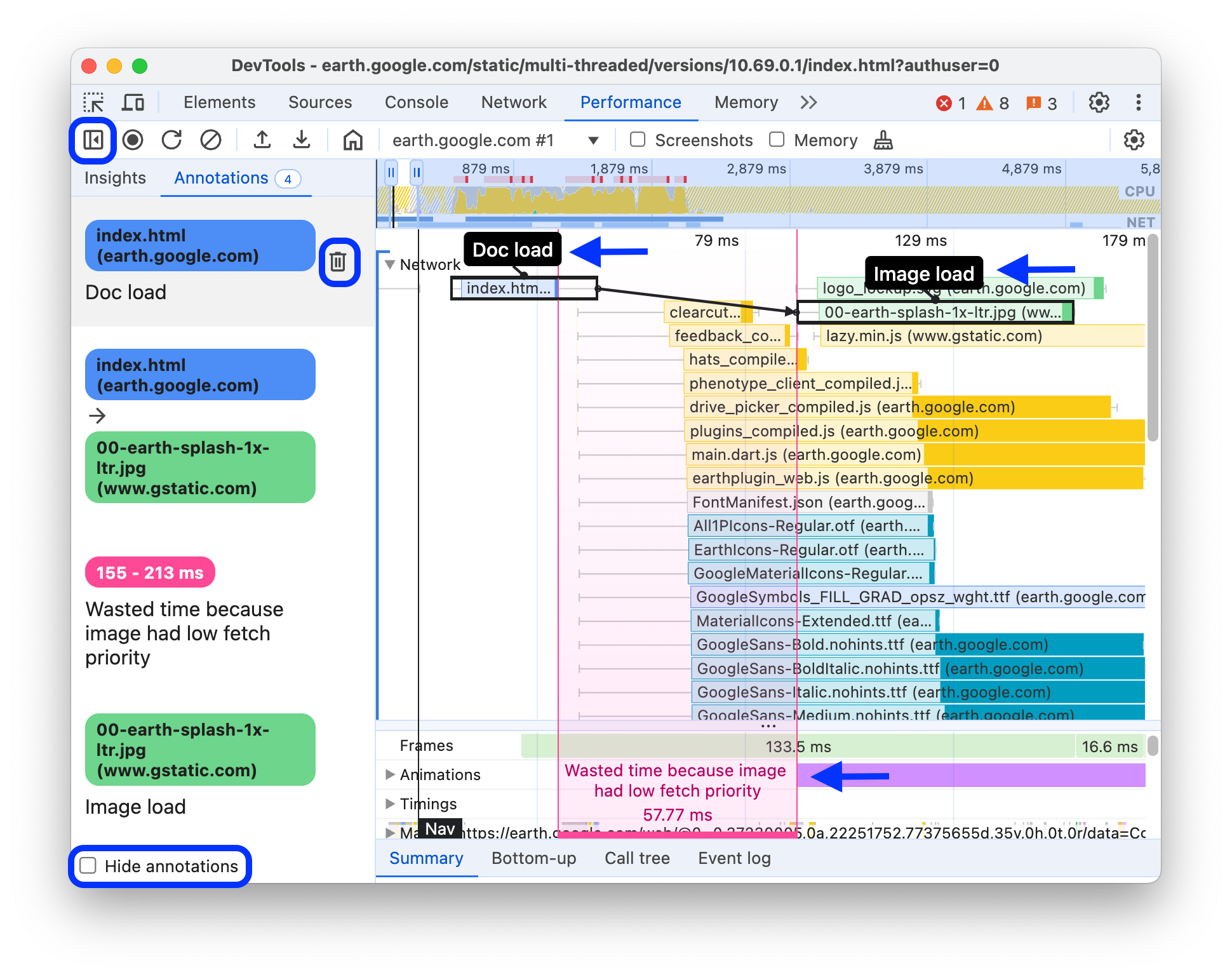 Annotations on a performance recording.