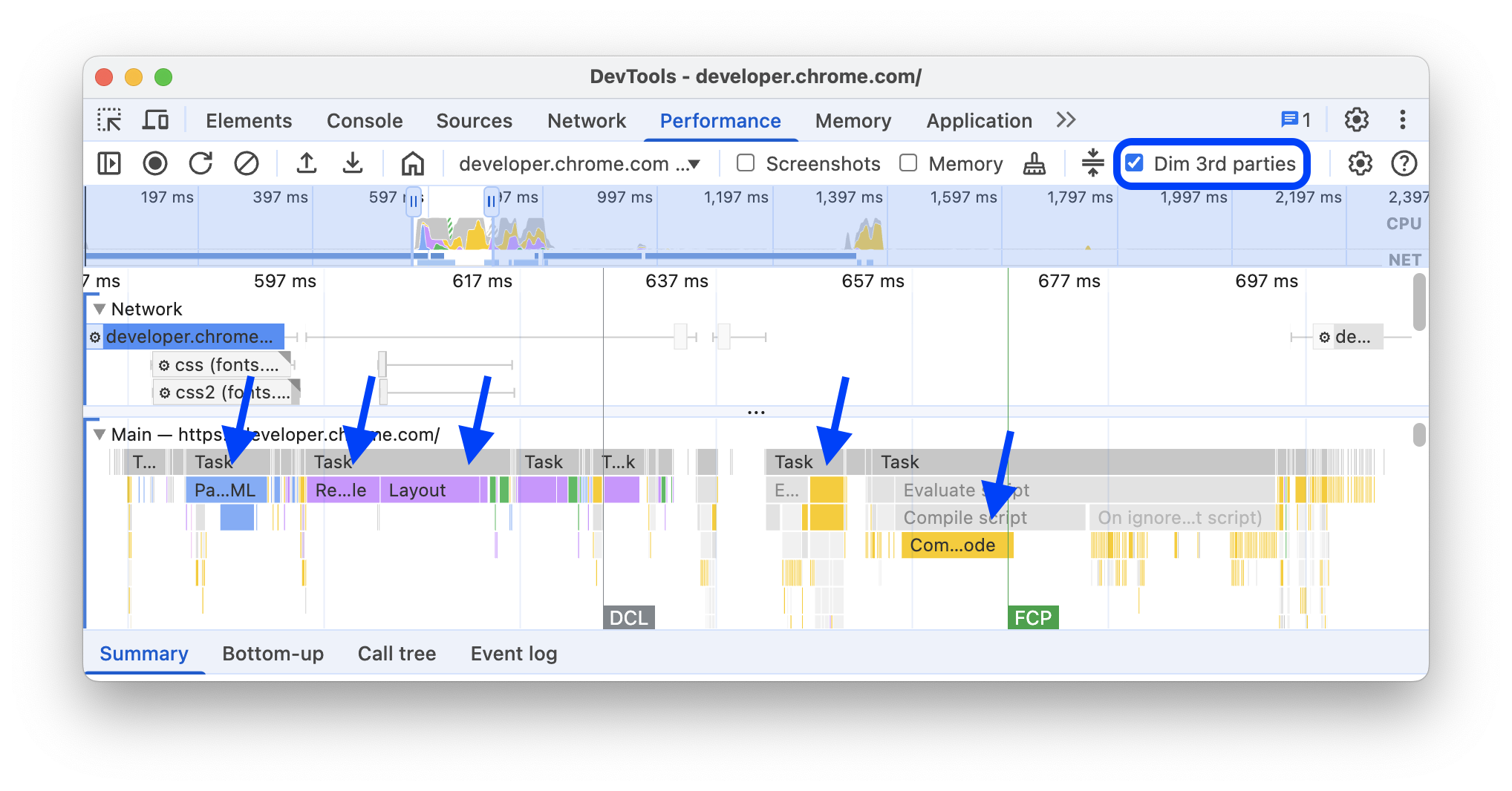 'Dim 3rd parties' is turned on and the relevant envents are grayed out in the performance trace leaving first-party highligted.