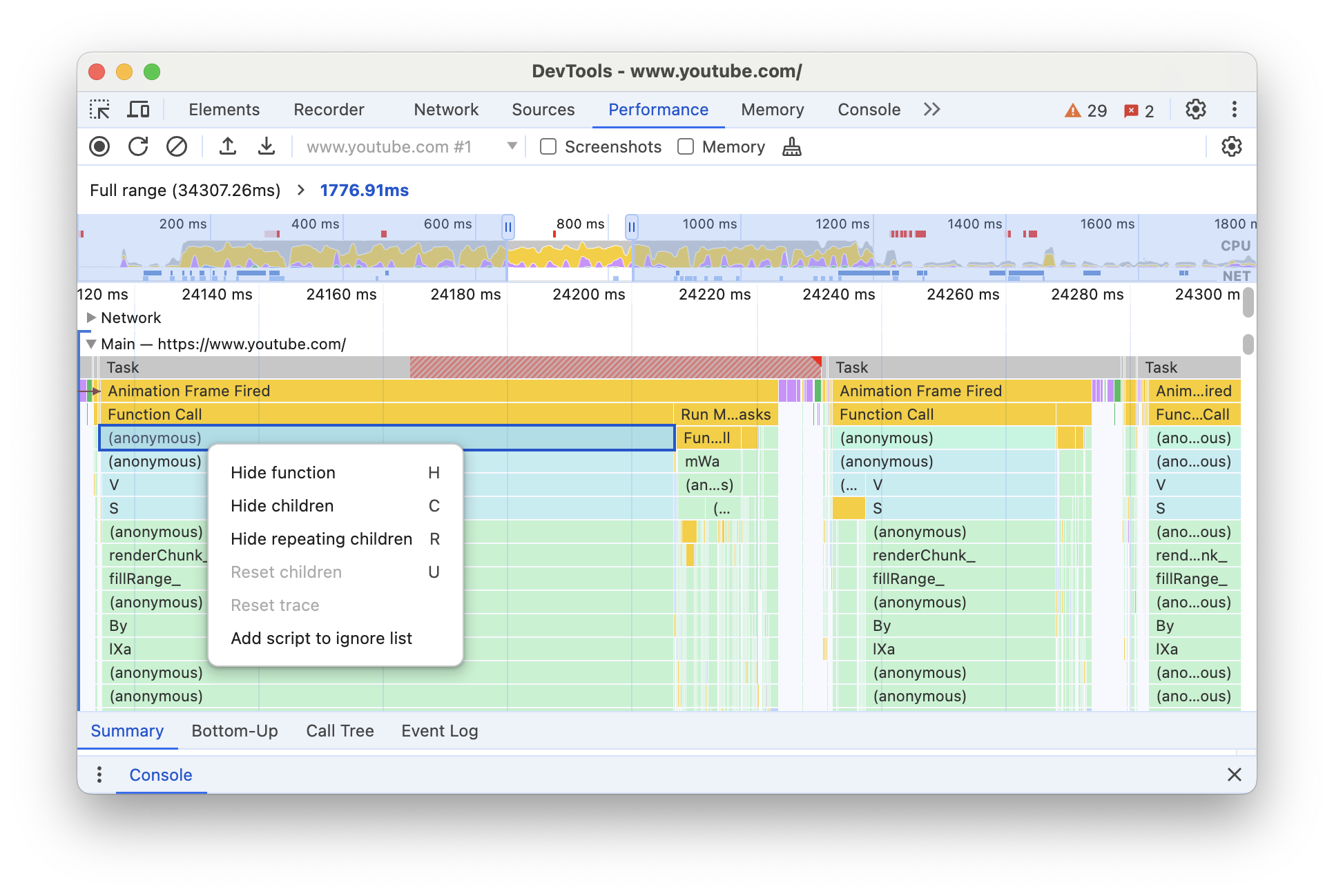 The context menu with options to hide the selected function or its children.