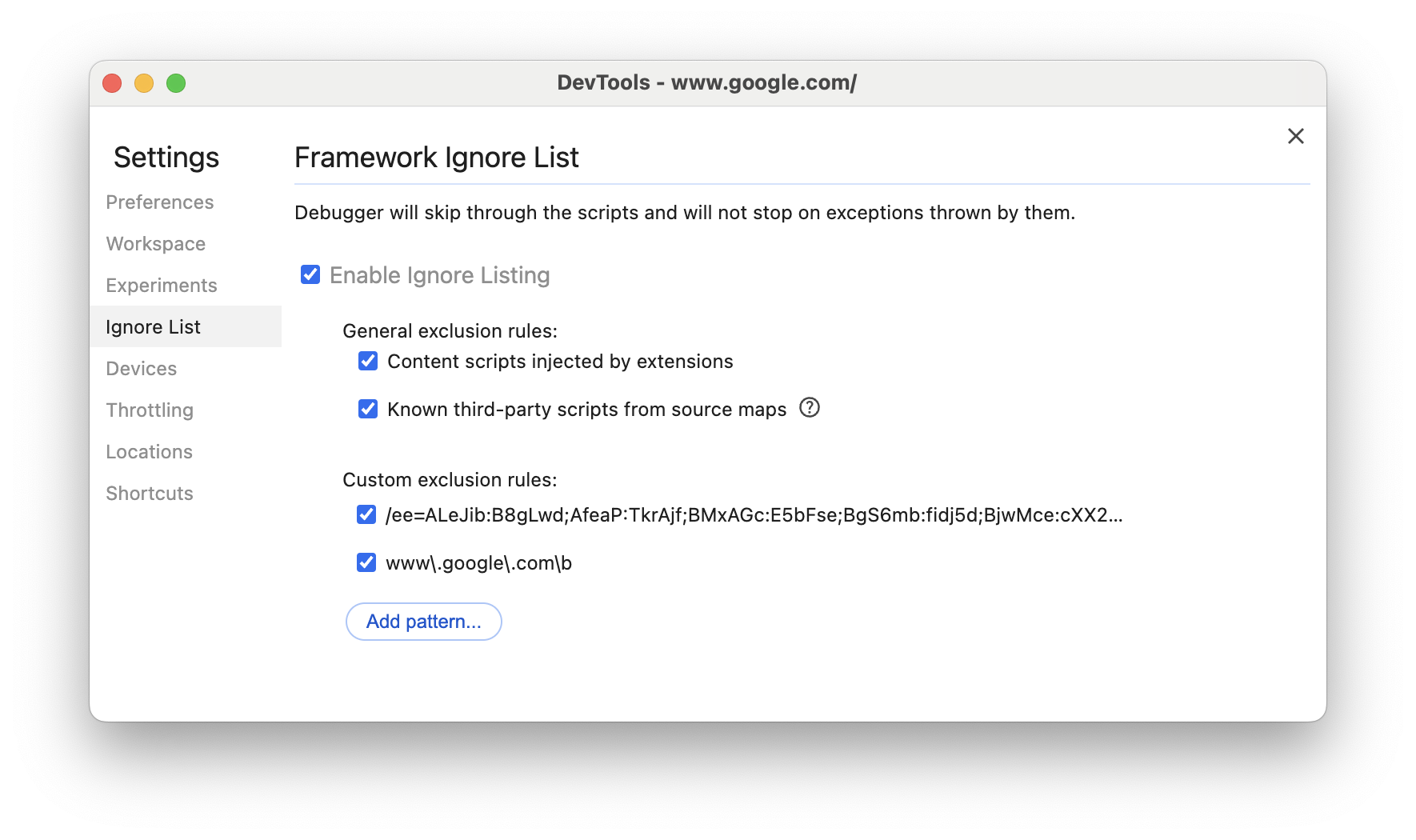 La pestaña Ignorar la lista de secuencias de comandos en Configuración