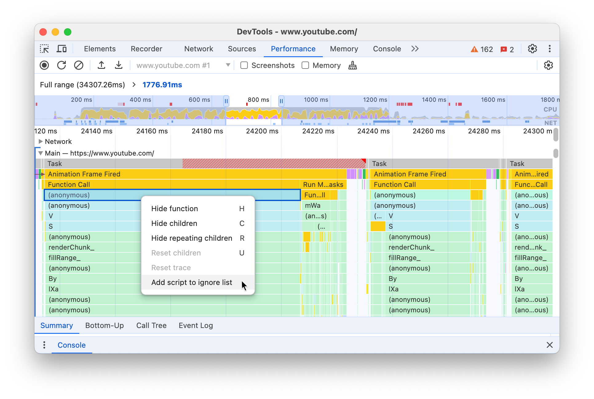 突出显示“忽略脚本”选项的上下文菜单。