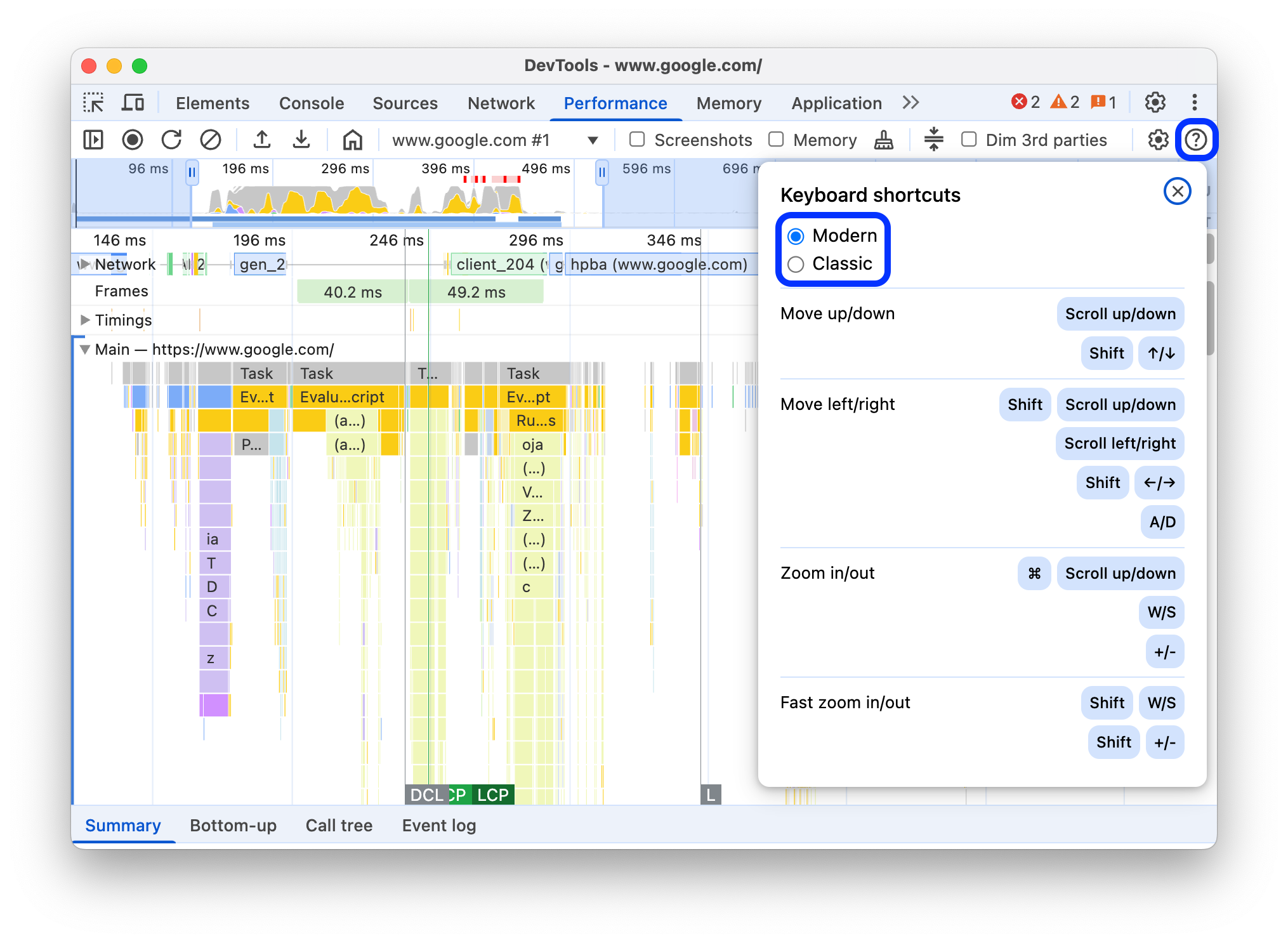 Dialog pintasan dengan gaya navigasi dan tips pintasan untuk panel Performa.