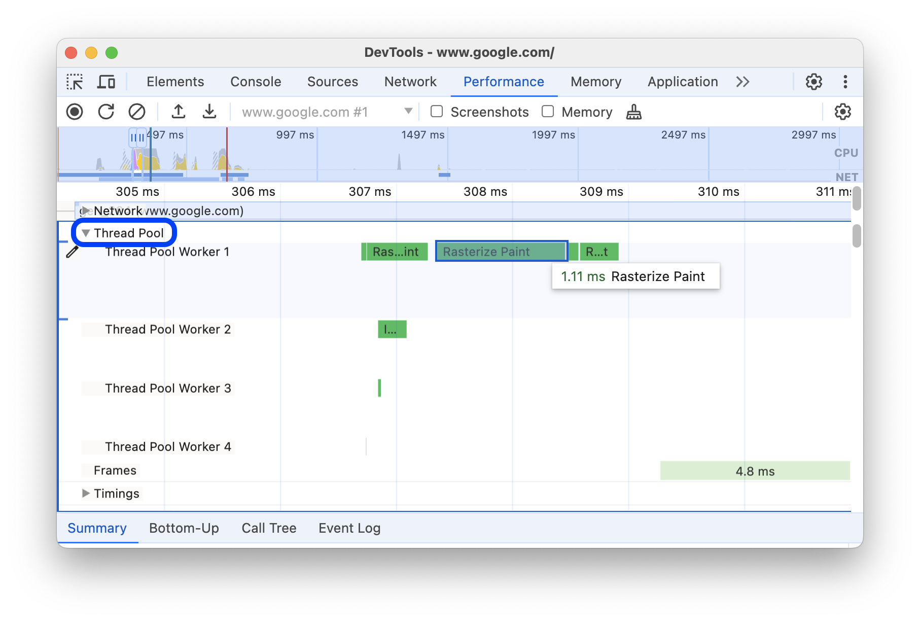 Activité de rendu raster dans la section &quot;Pool de threads&quot;.