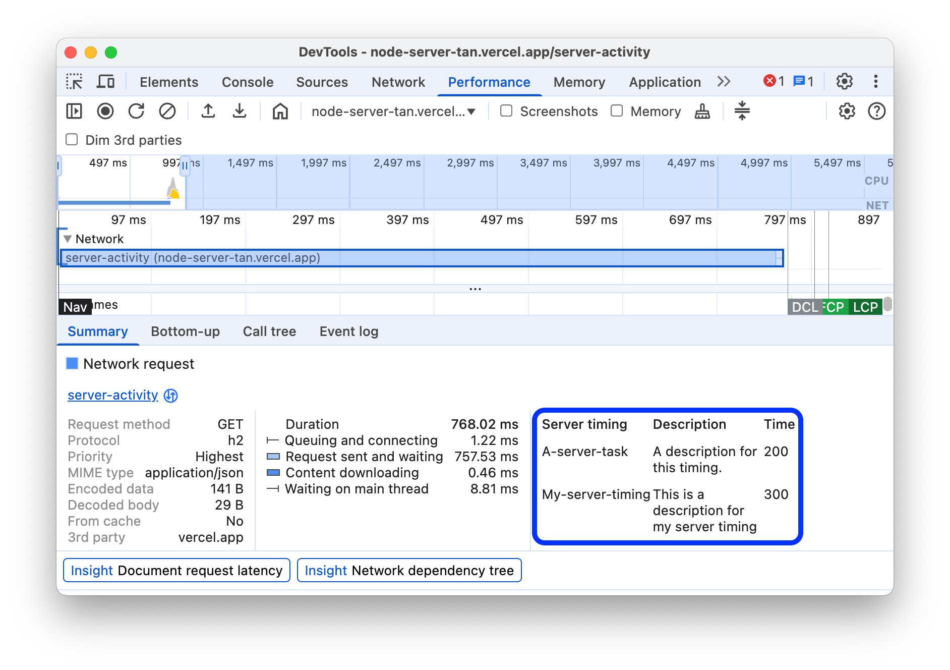 Perincian waktu server di tab Summary.