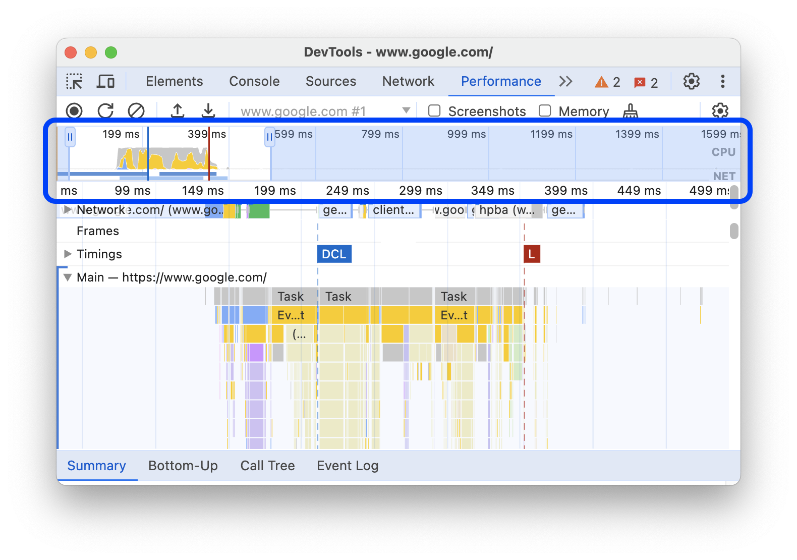 نظرة عامة على المخطط الزمني ضمن شريط الإجراءات