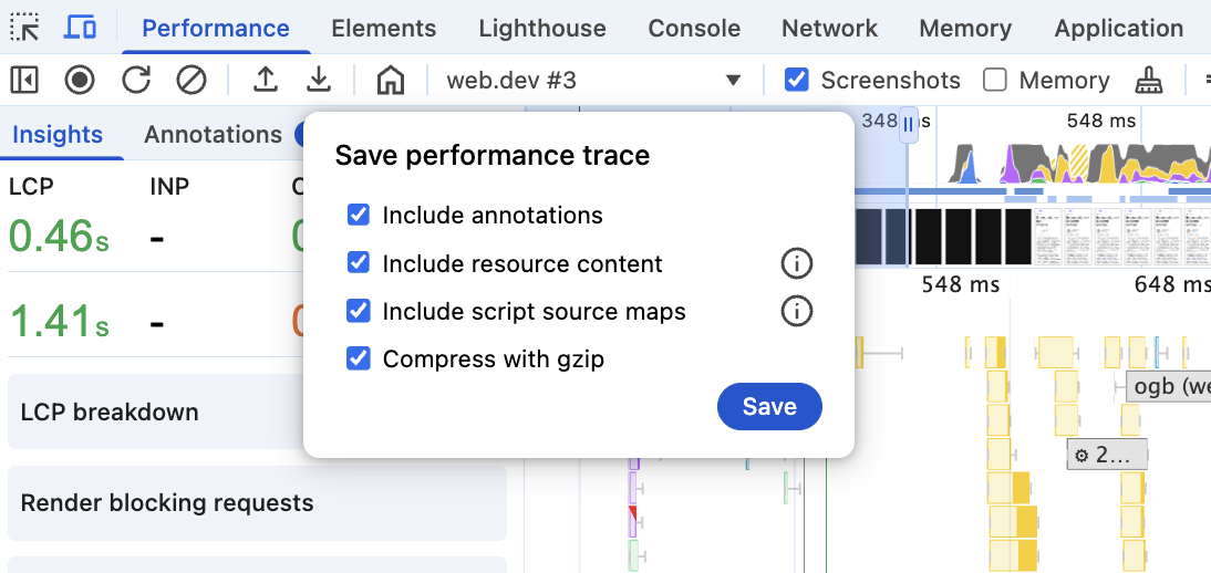 Dialog for save performance trace settings. Options are Include annotations, Include resource content, Include script source maps, and Compress with gzip.