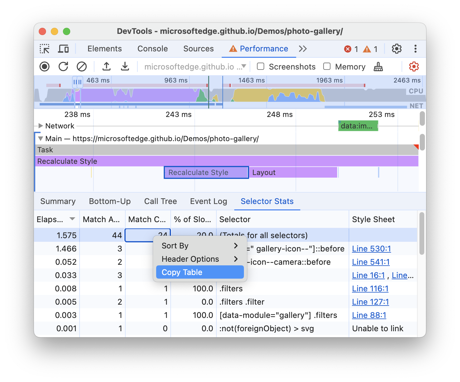 Opsi &#39;Salin tabel&#39; di menu drop-down.